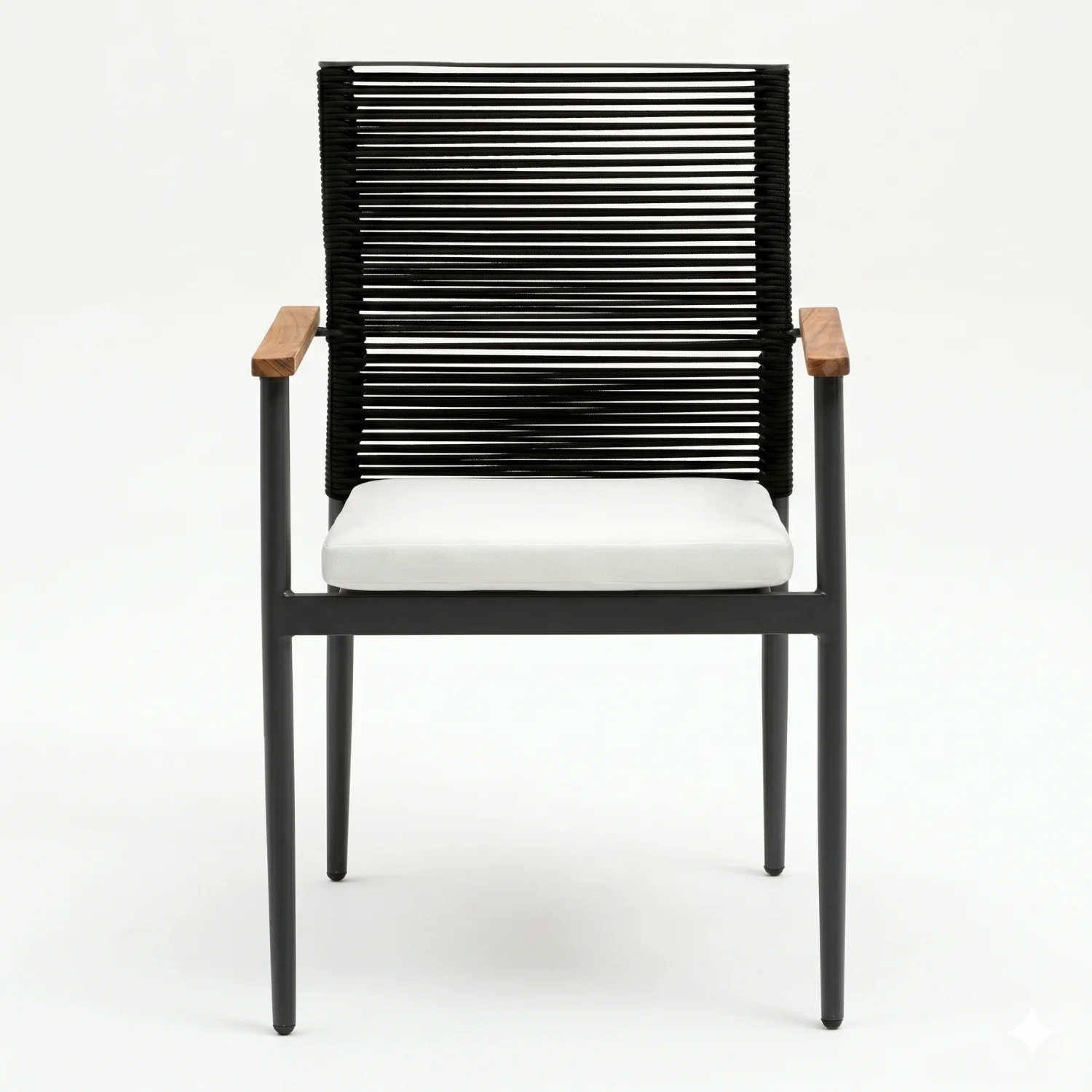 Modern Outdoor Rope Chairs with Wooden Armrests & Cushions (Black & White) - Image 7