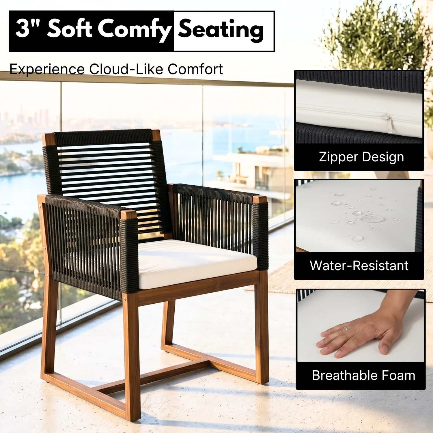 Modern Outdoor Rope Dining Chairs Set of 2 (Black & White) - Image 4