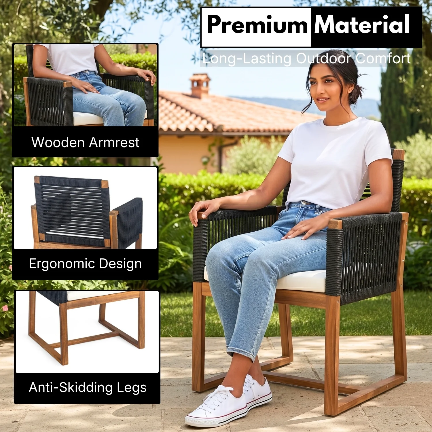 Modern Outdoor Rope Dining Chairs Set of 2 (Black & White) - Image 5