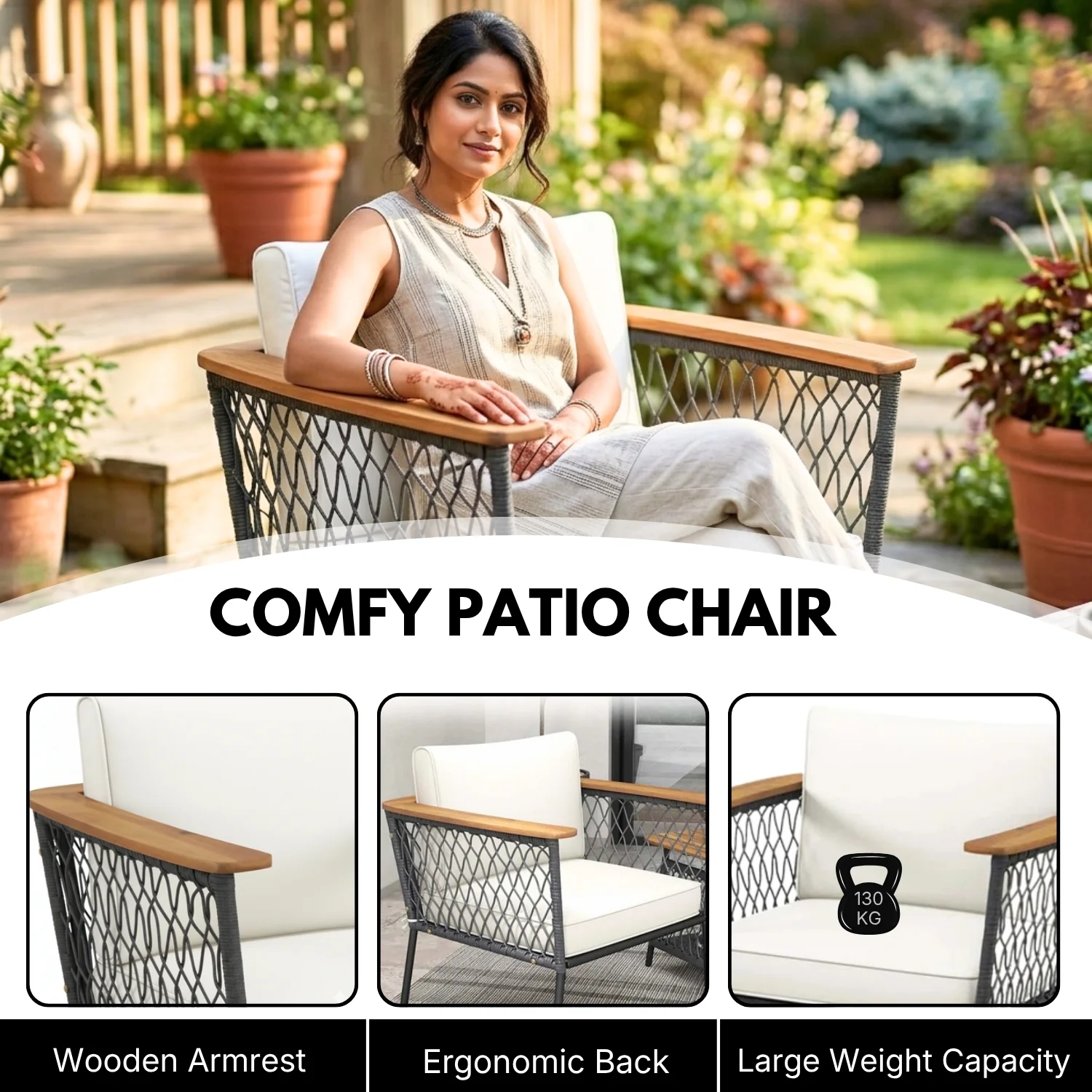 Modern Outdoor Wicker Patio Chair Set with 2-Tier Wooden Top Table - Image 5