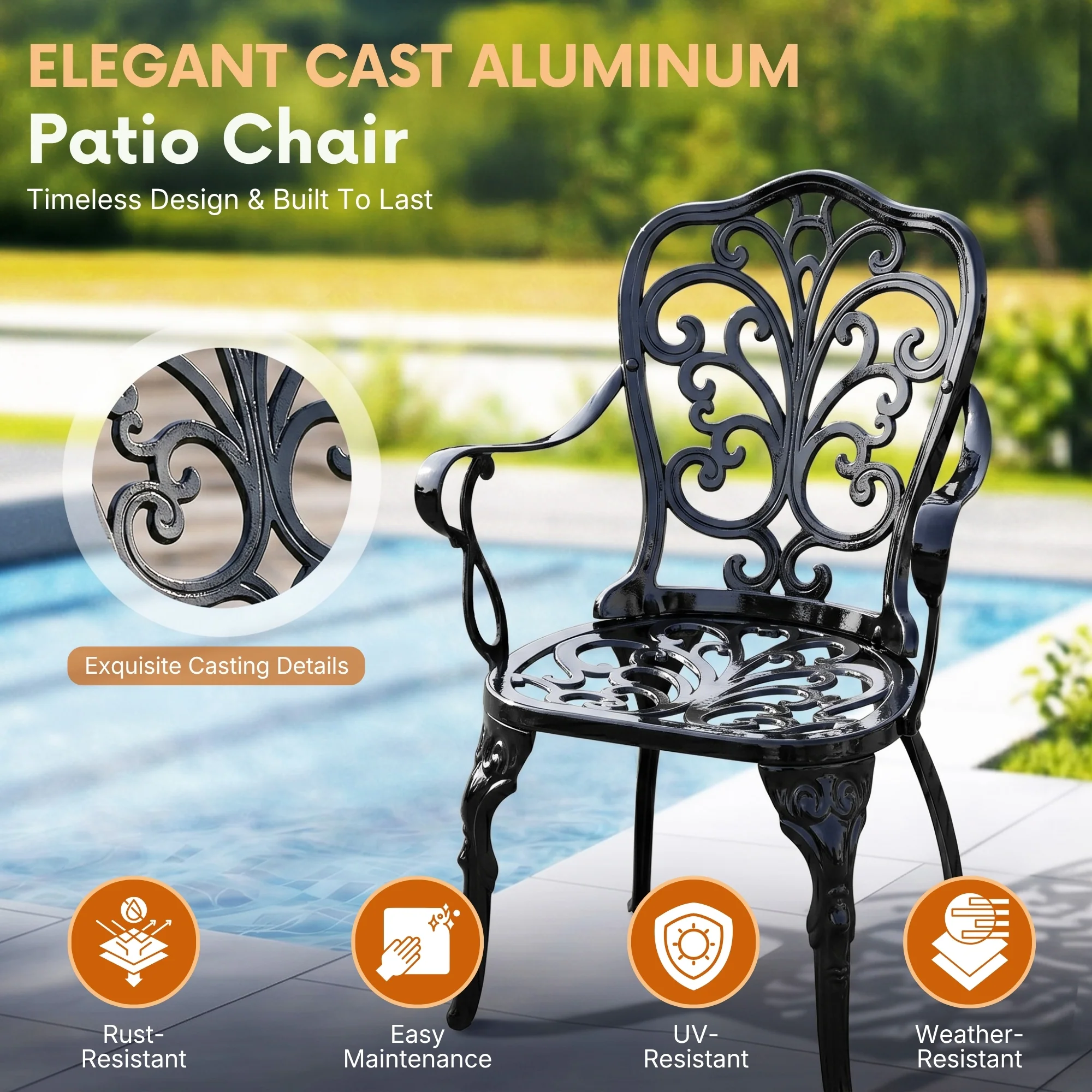 Outdoor 3-Piece Cast Aluminum Bistro Set (Black) - Image 4