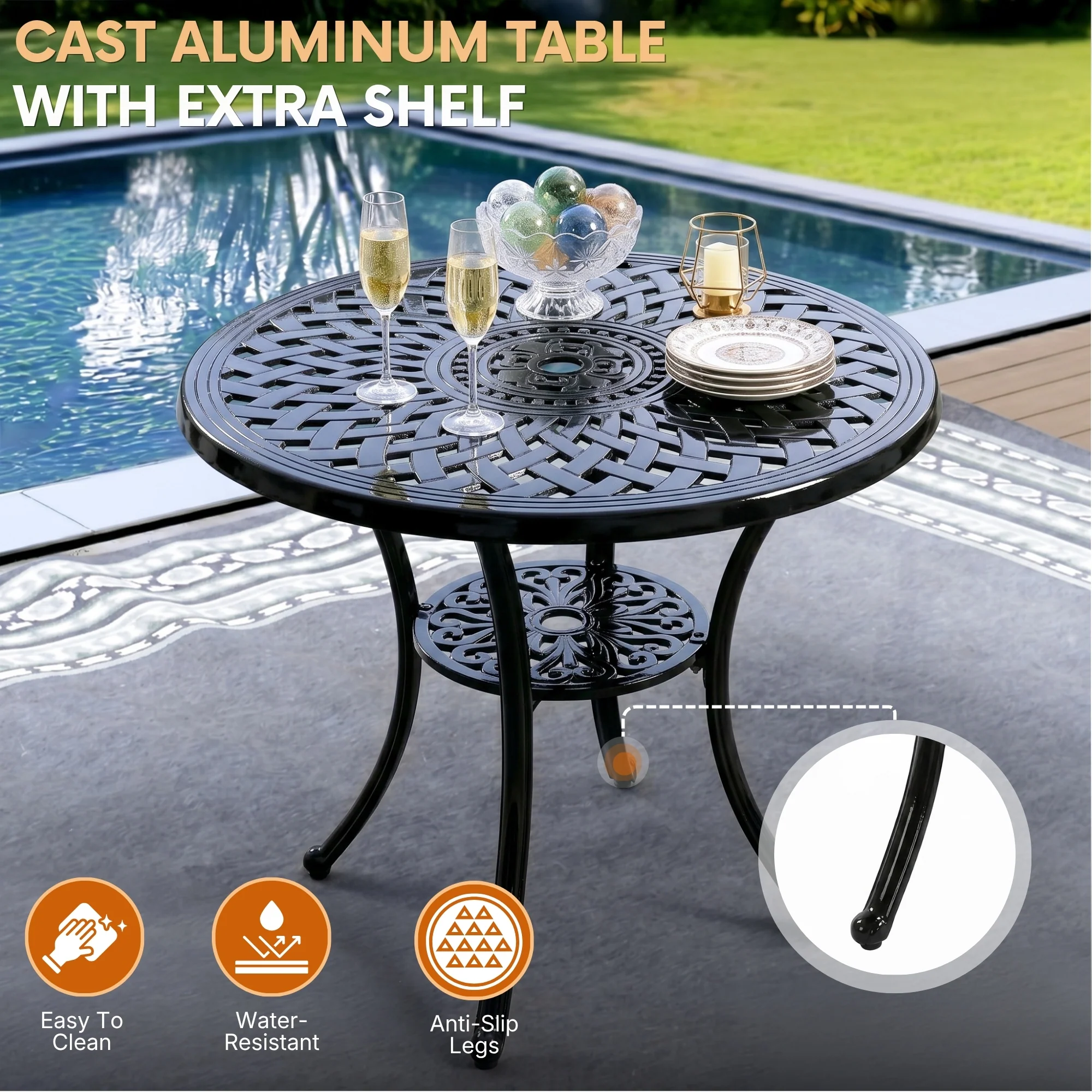 Outdoor 3-Piece Cast Aluminum Bistro Set (Black) - Image 6