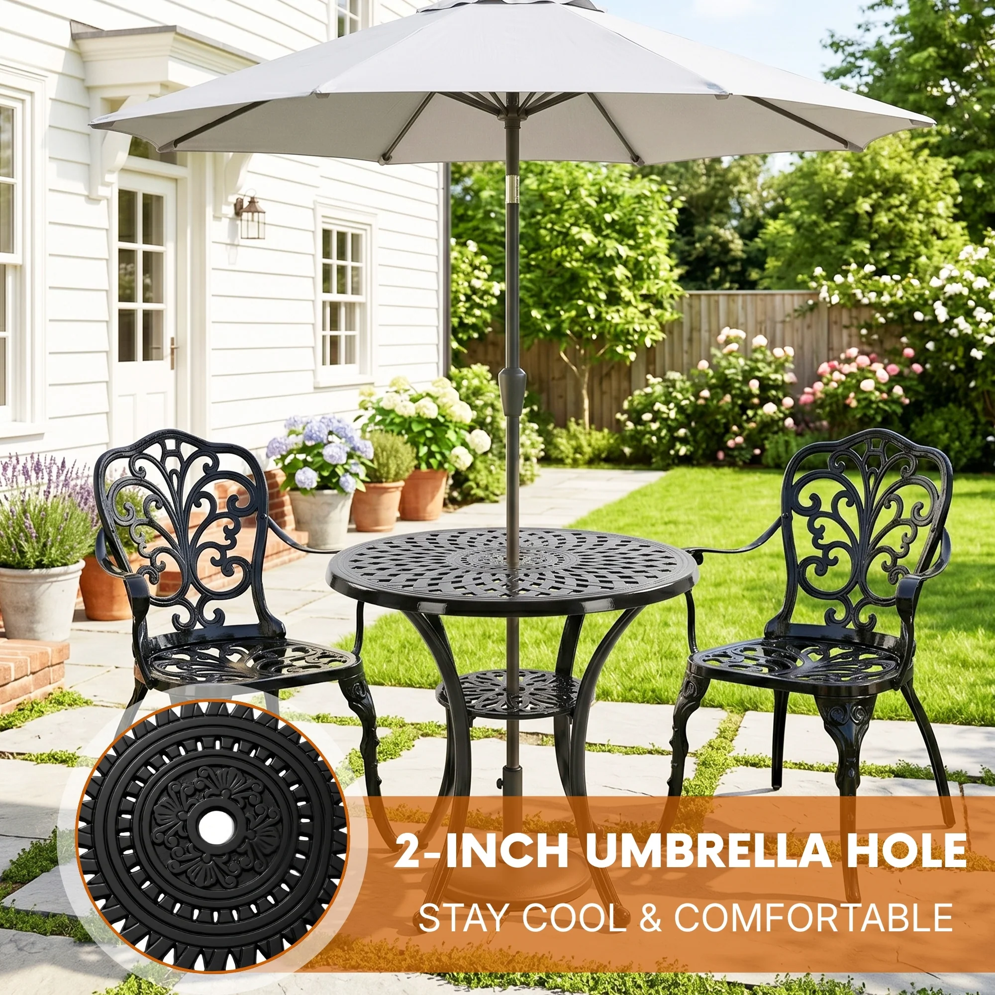 Outdoor 3-Piece Cast Aluminum Bistro Set (Black) - Image 7