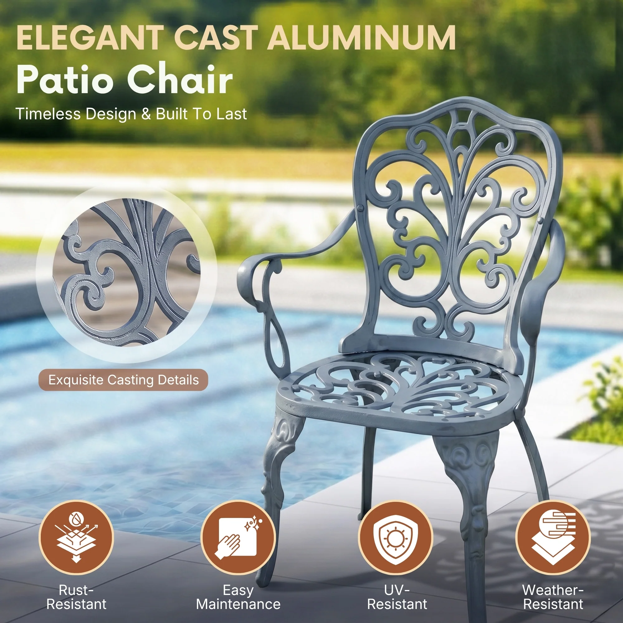 Outdoor 3-Piece Cast Aluminum Bistro Set (Grey) - Image 4