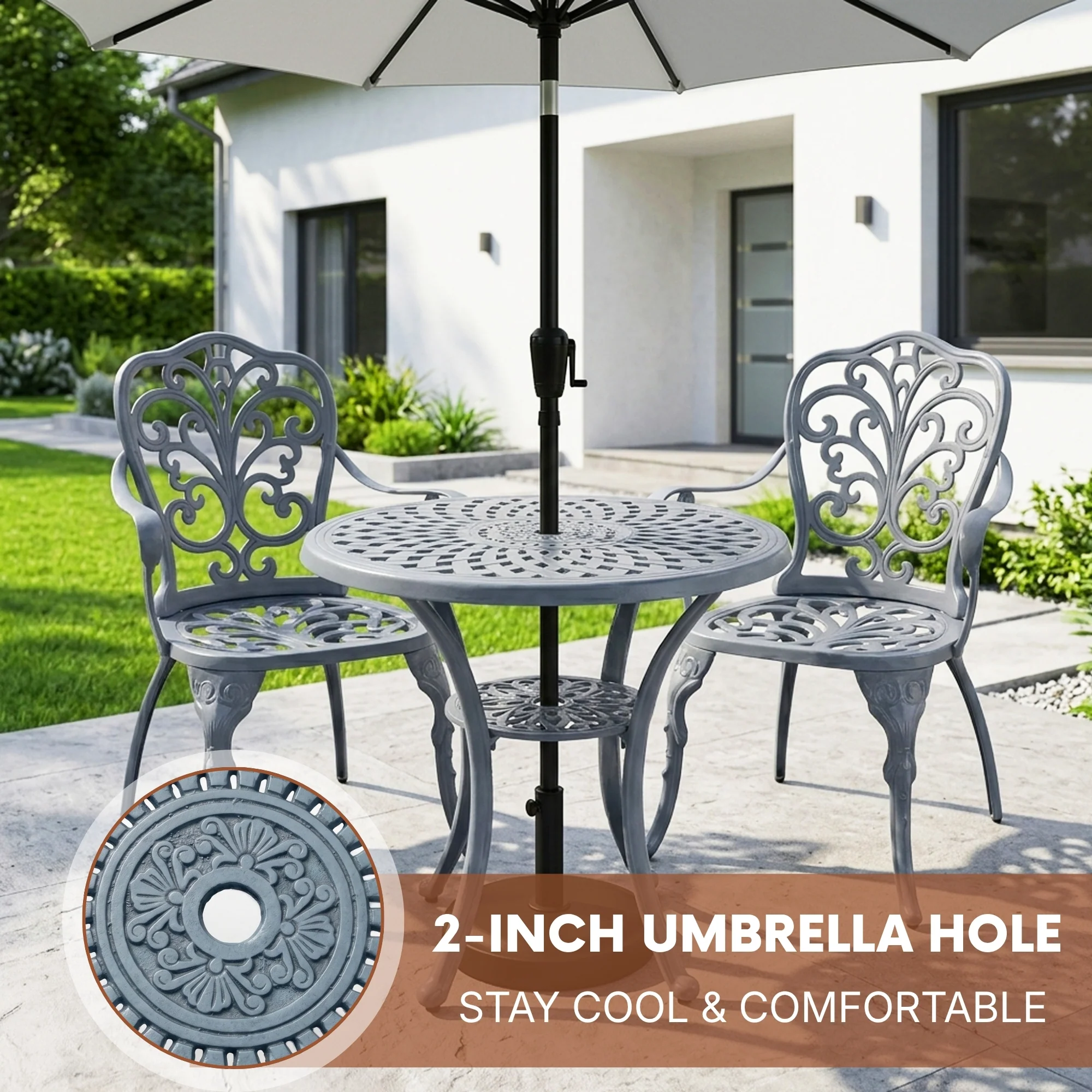 Outdoor 3-Piece Cast Aluminum Bistro Set (Grey) - Image 7