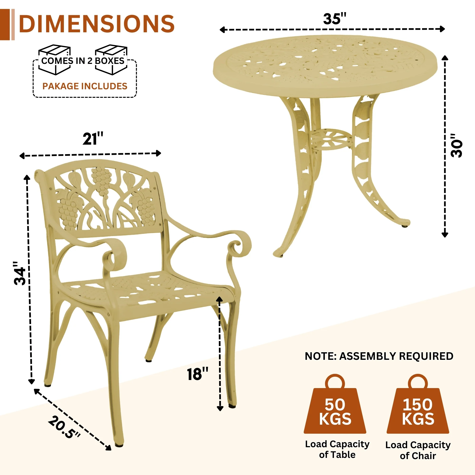 Outdoor 3-Piece Cast Aluminum Patio Bistro Set (Beige) - Image 3