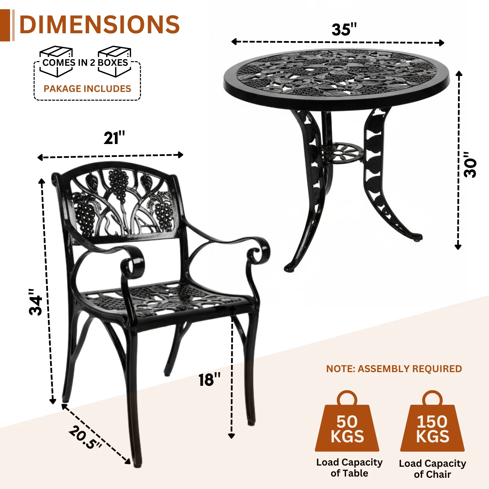 Outdoor 3-Piece Cast Aluminum Patio Bistro Set (Black) - Image 3