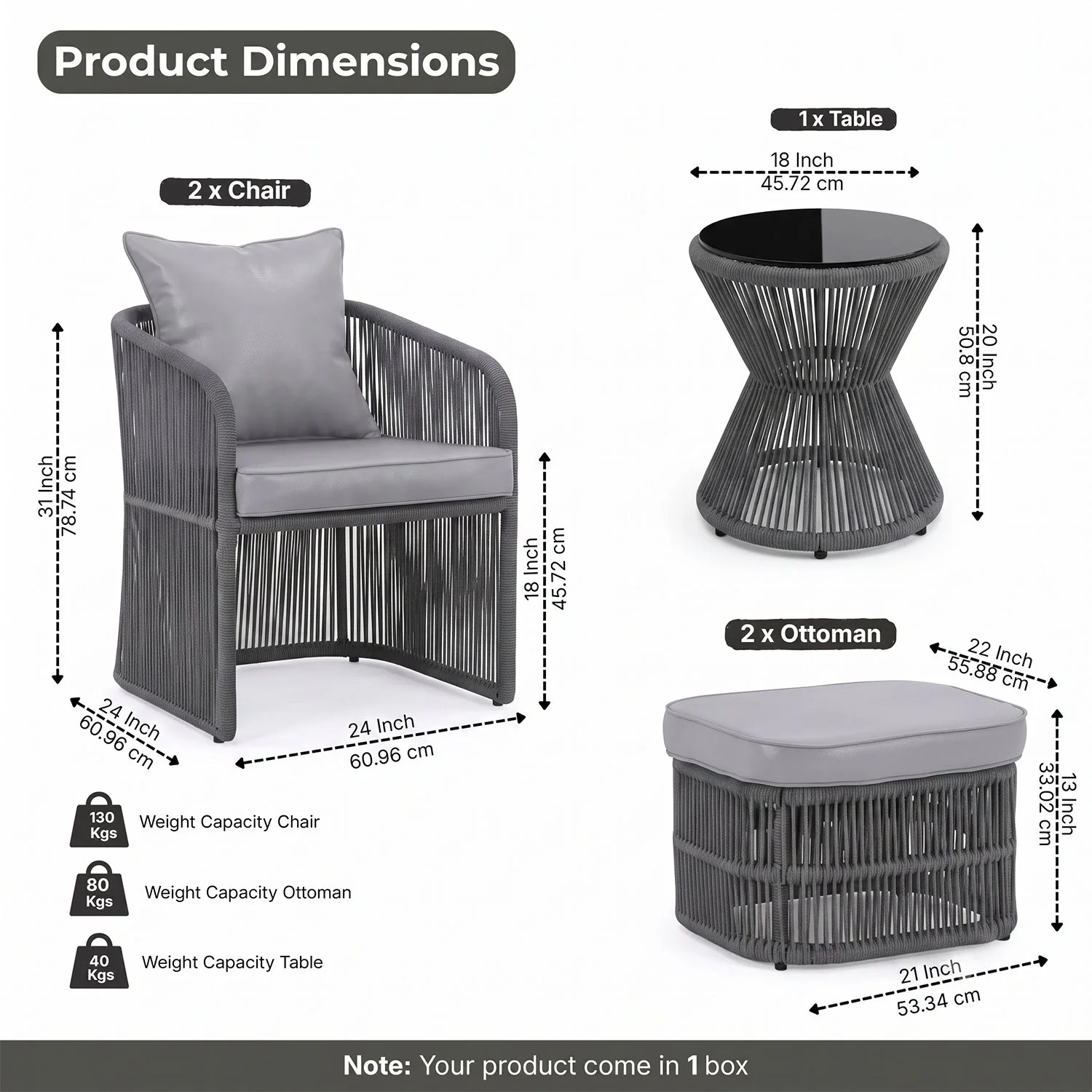 Outdoor 3 Piece Rope Patio Sofa Set (Grey) - Image 3
