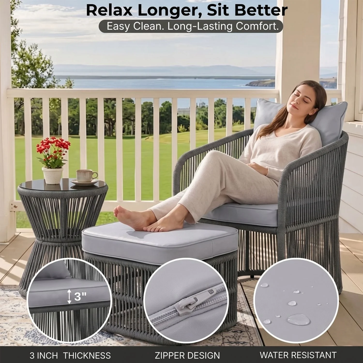 Outdoor 3 Piece Rope Patio Sofa Set (Grey) - Image 4