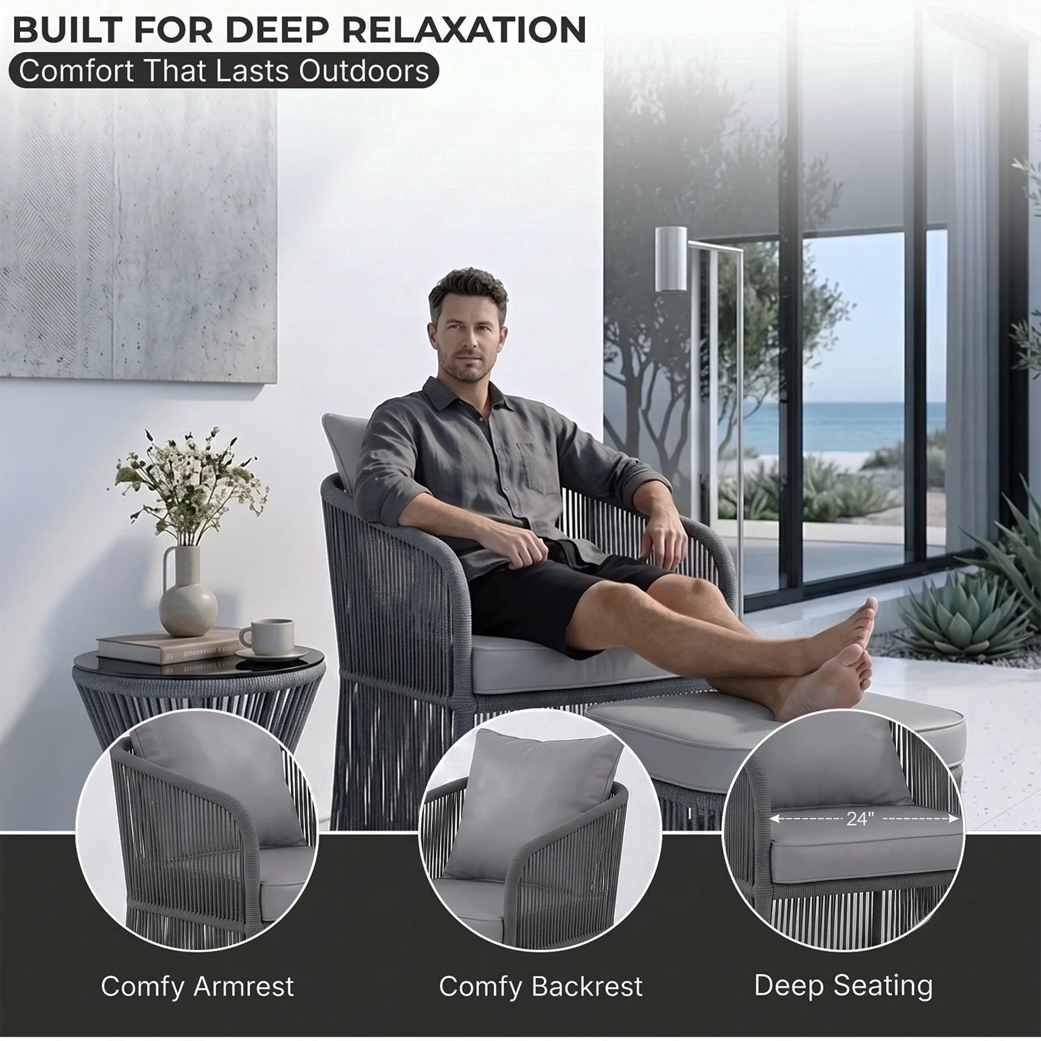 Outdoor 3 Piece Rope Patio Sofa Set (Grey) - Image 5