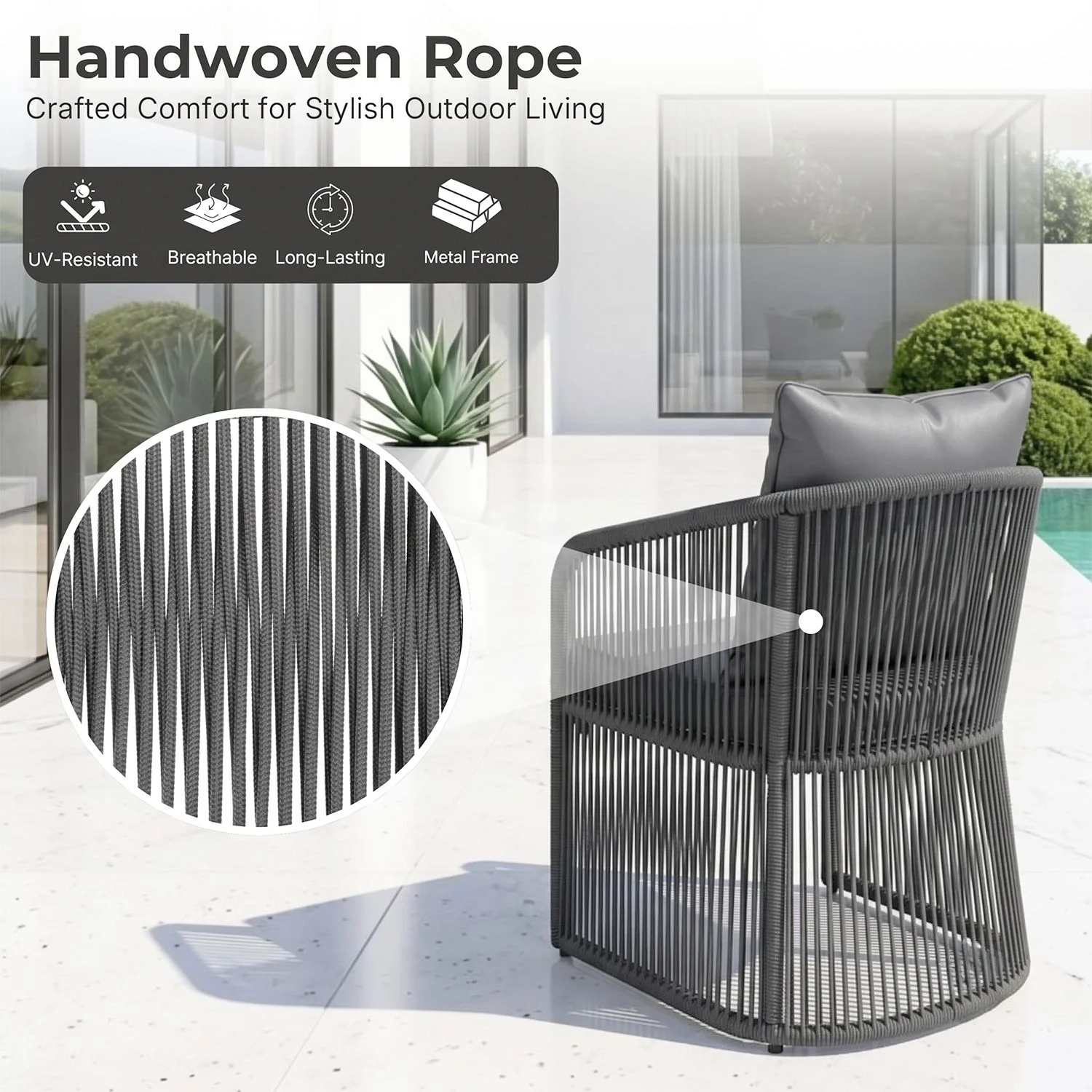 Outdoor 3 Piece Rope Patio Sofa Set (Grey) - Image 7