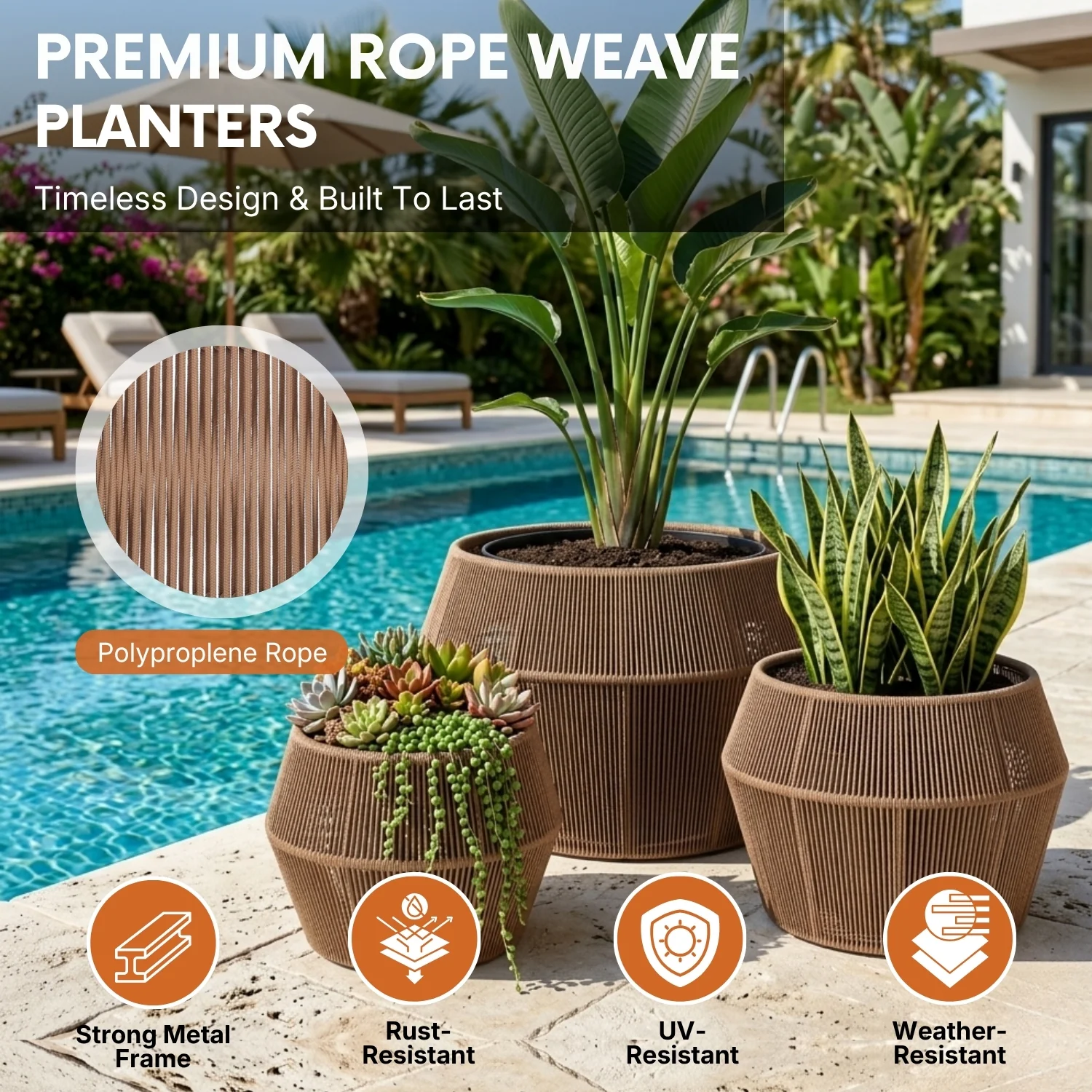 Outdoor 3-Piece Round Rope Planters (Beige) - Image 3