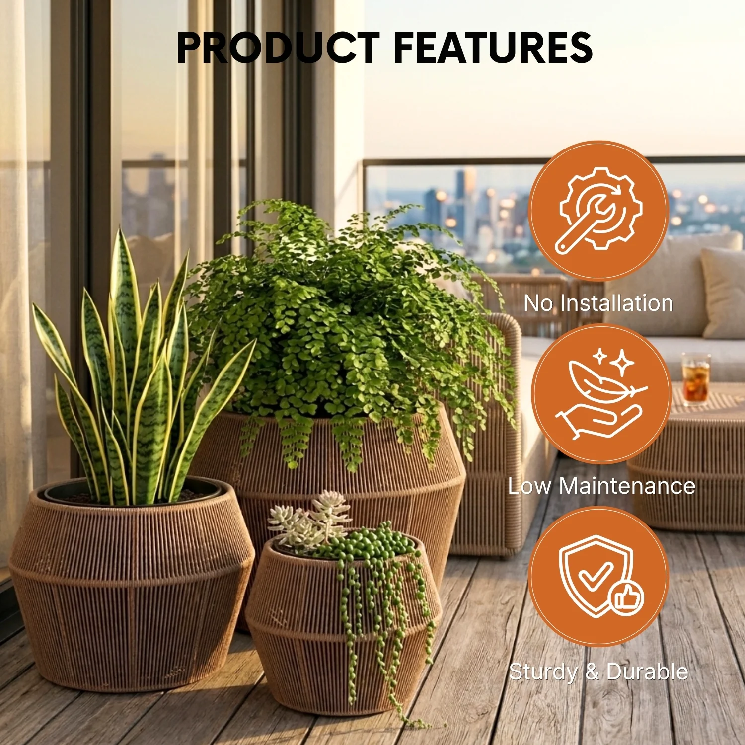 Outdoor 3-Piece Round Rope Planters (Beige) - Image 4