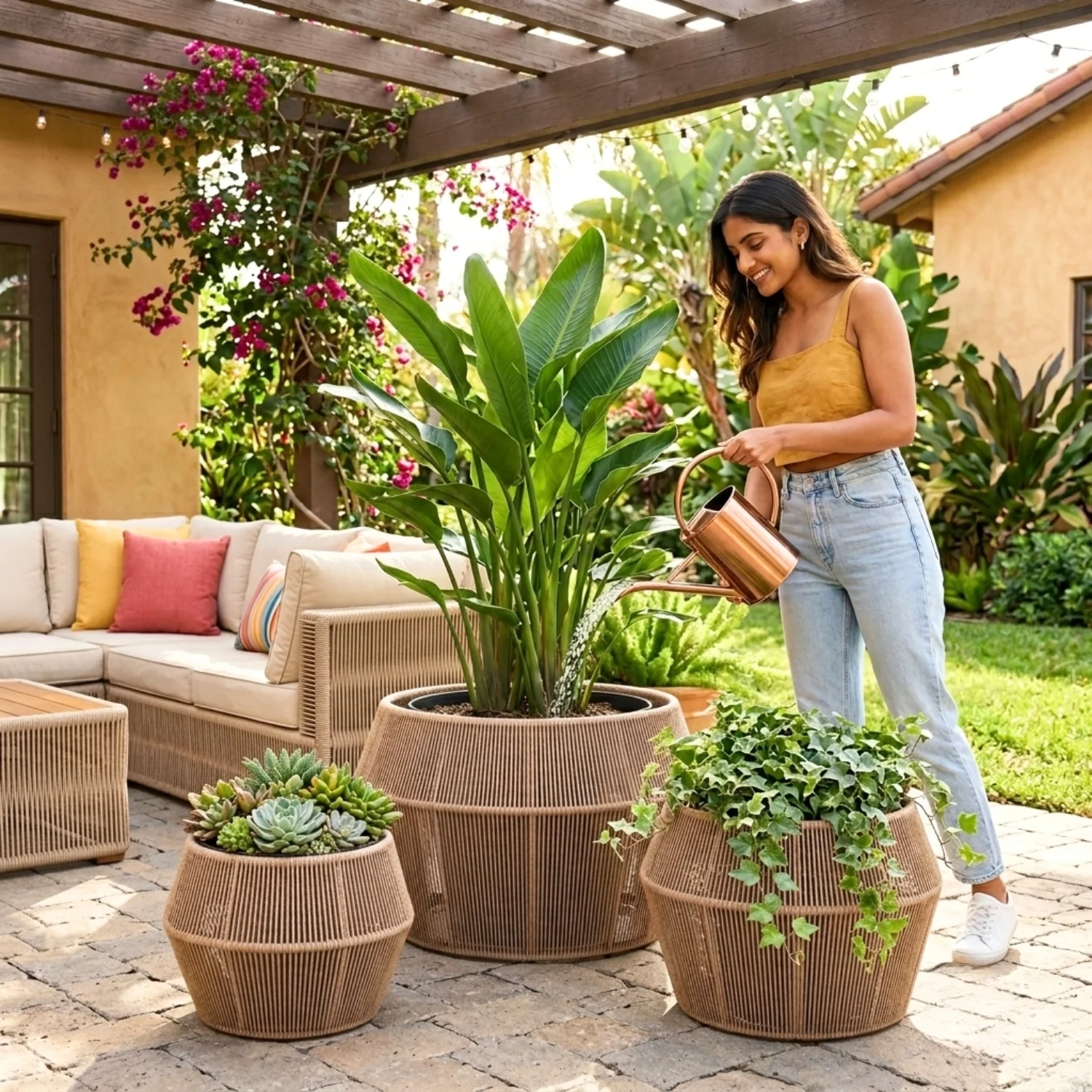Outdoor 3-Piece Round Rope Planters (Beige) - Image 5