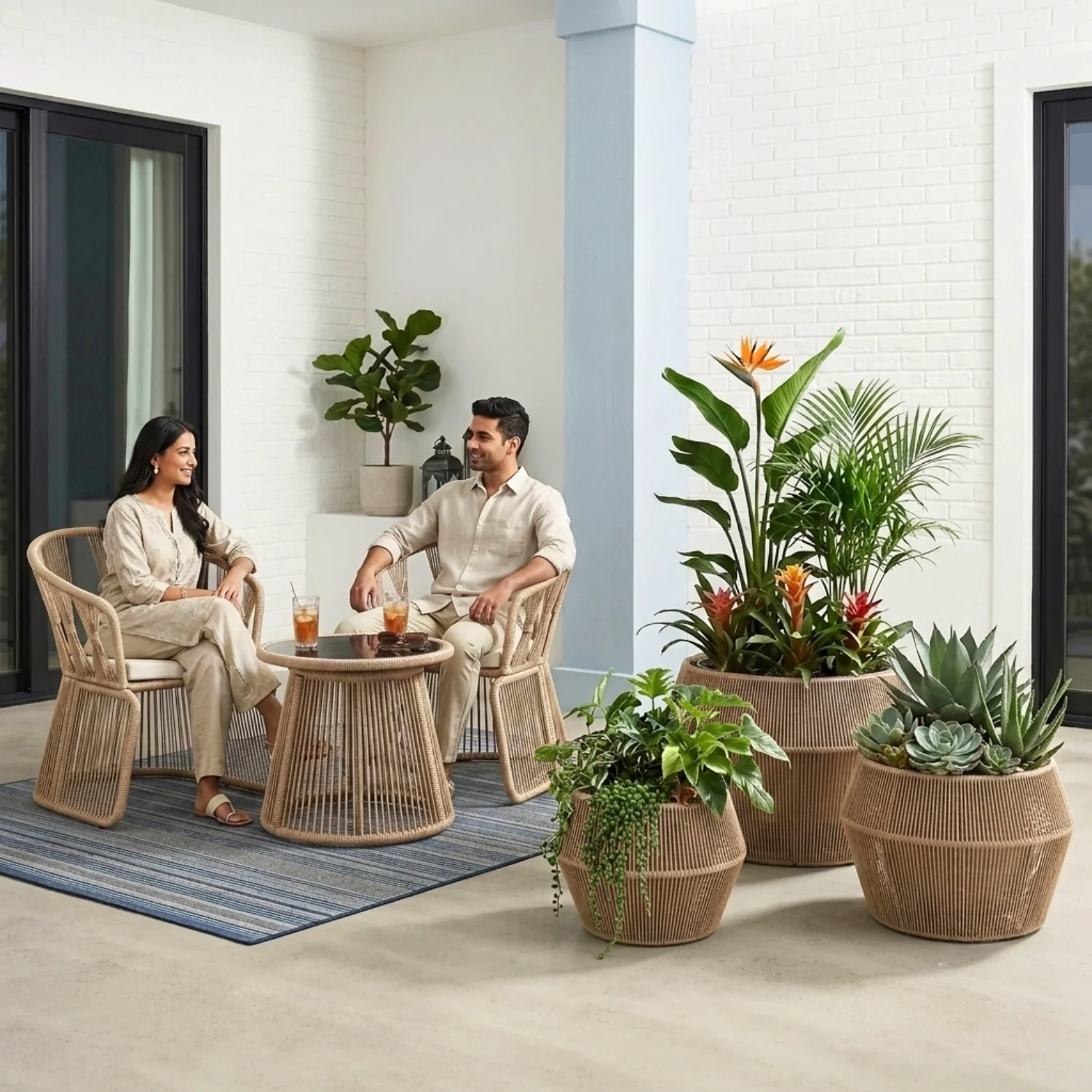 Outdoor 3-Piece Round Rope Planters (Beige) - Image 7