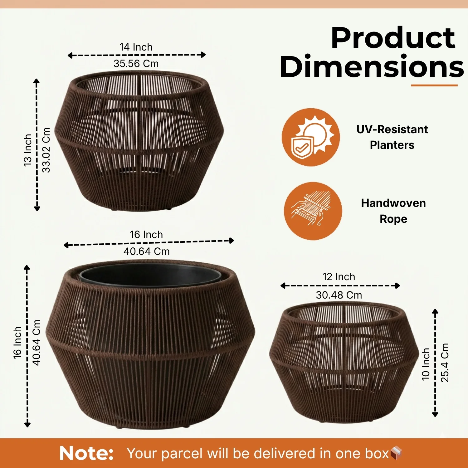 Outdoor 3-Piece Round Rope Planters (Brown) - Image 2