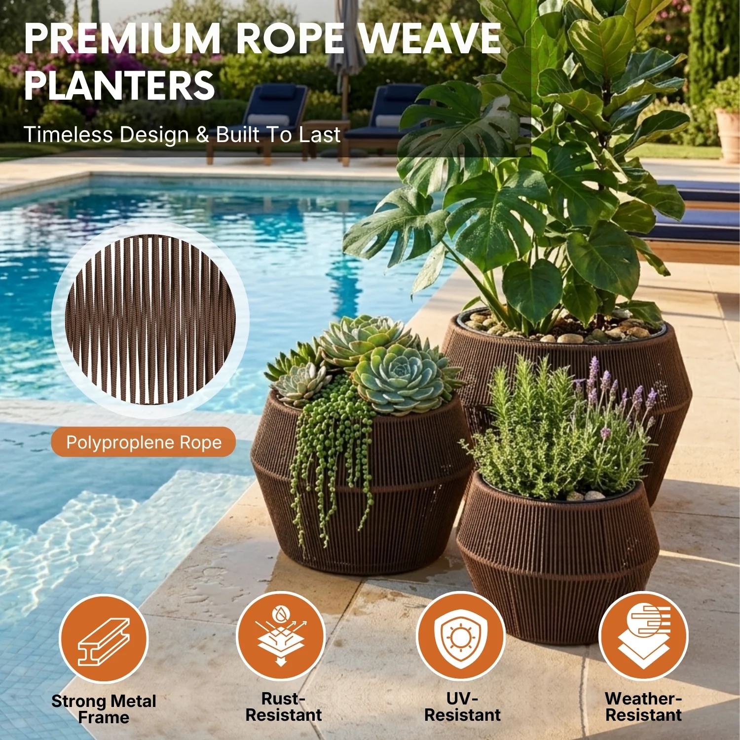 Outdoor 3-Piece Round Rope Planters (Brown) - Image 3