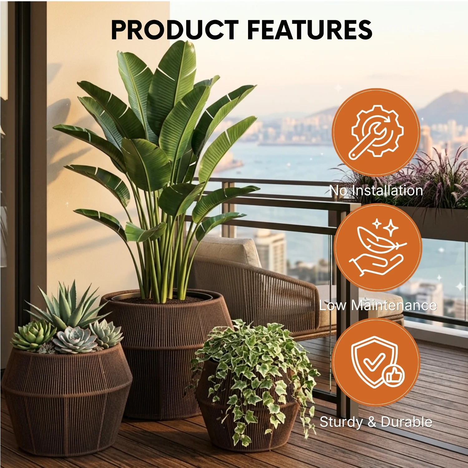 Outdoor 3-Piece Round Rope Planters (Brown) - Image 4