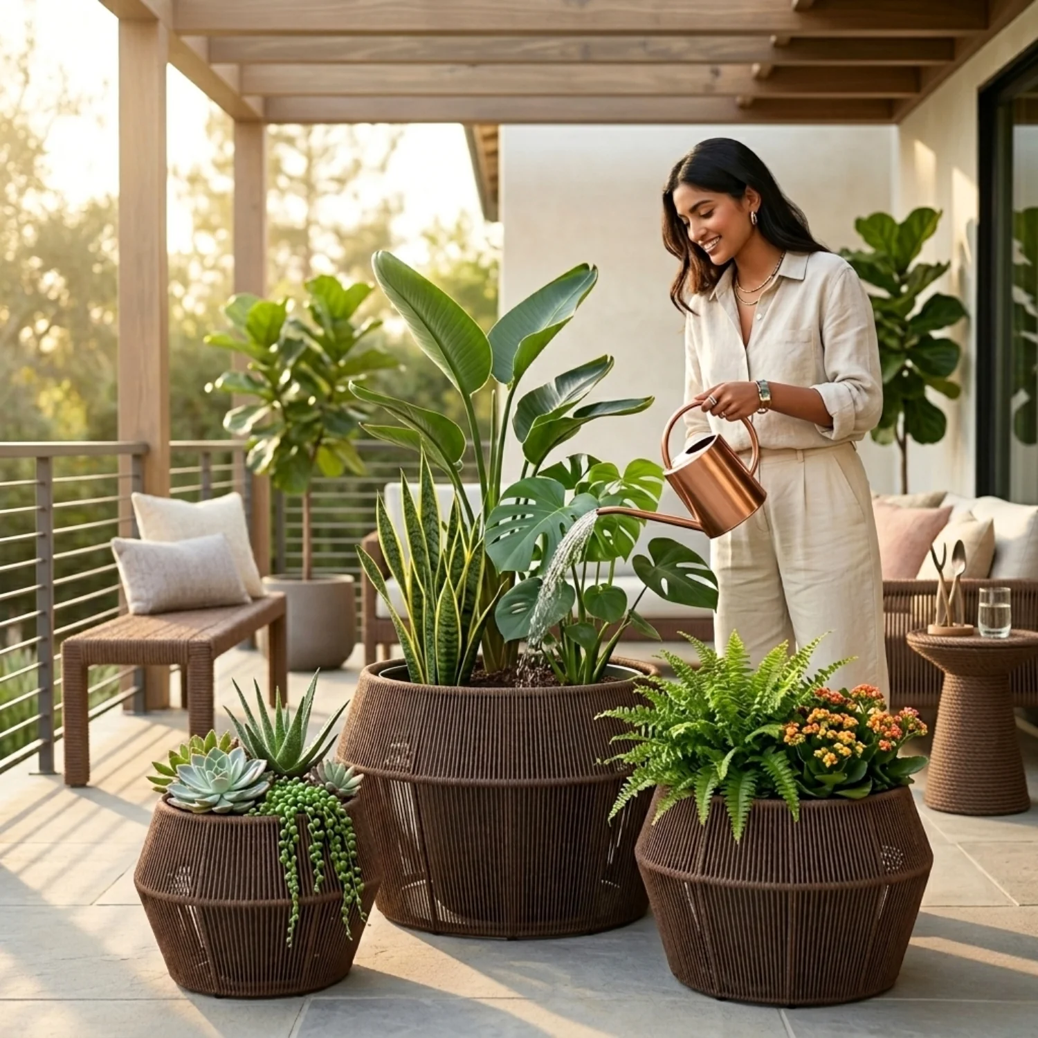 Outdoor 3-Piece Round Rope Planters (Brown) - Image 5