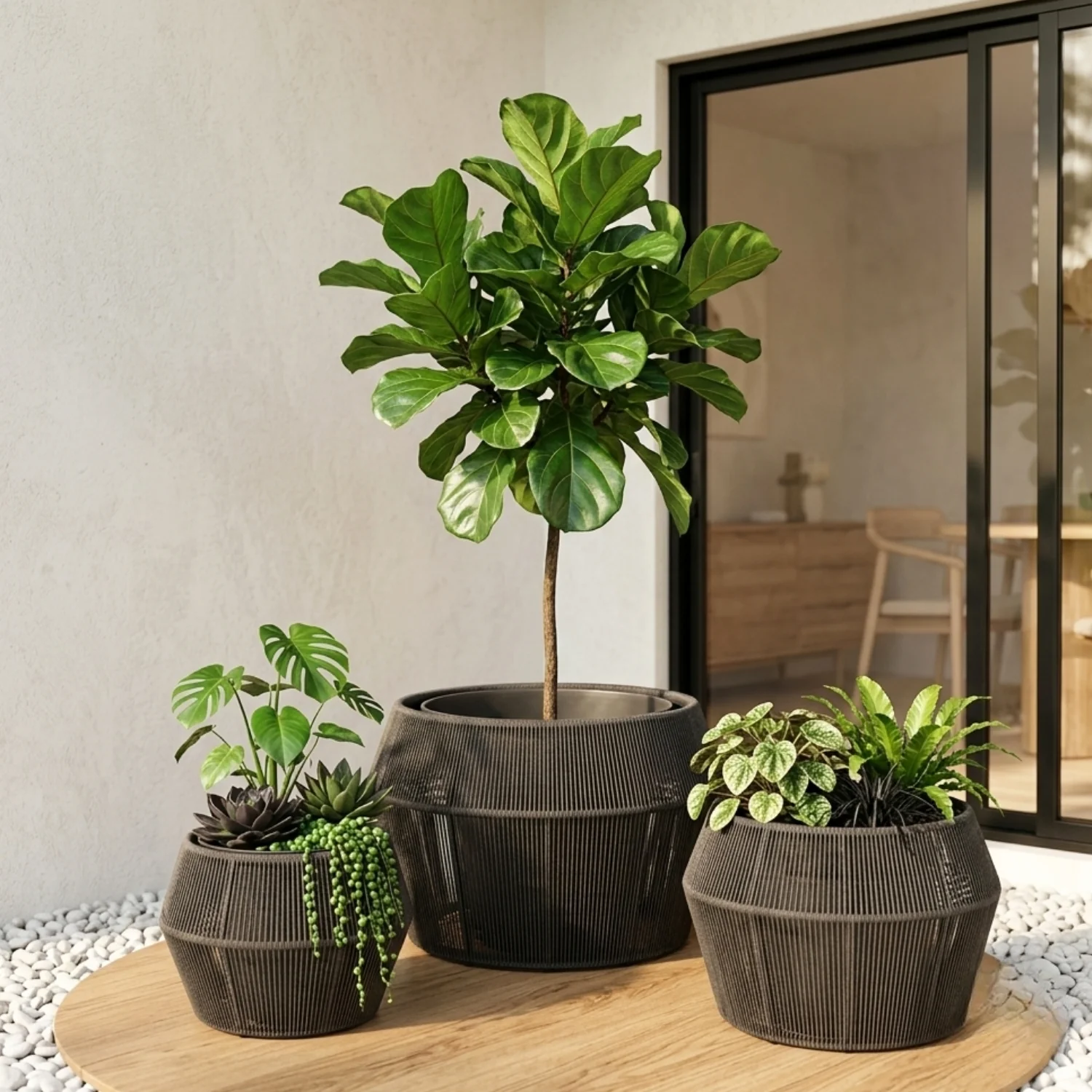 Outdoor 3-Piece Round Rope Planters (Grey)