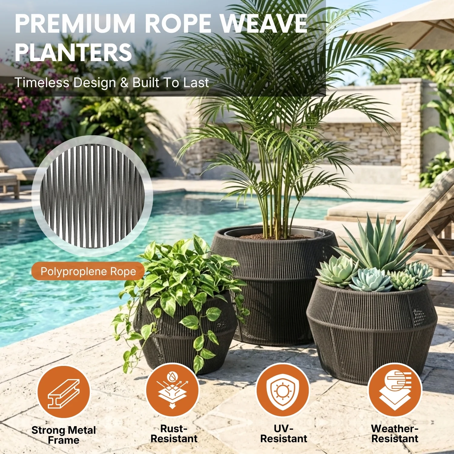 Outdoor 3-Piece Round Rope Planters (Grey) - Image 3