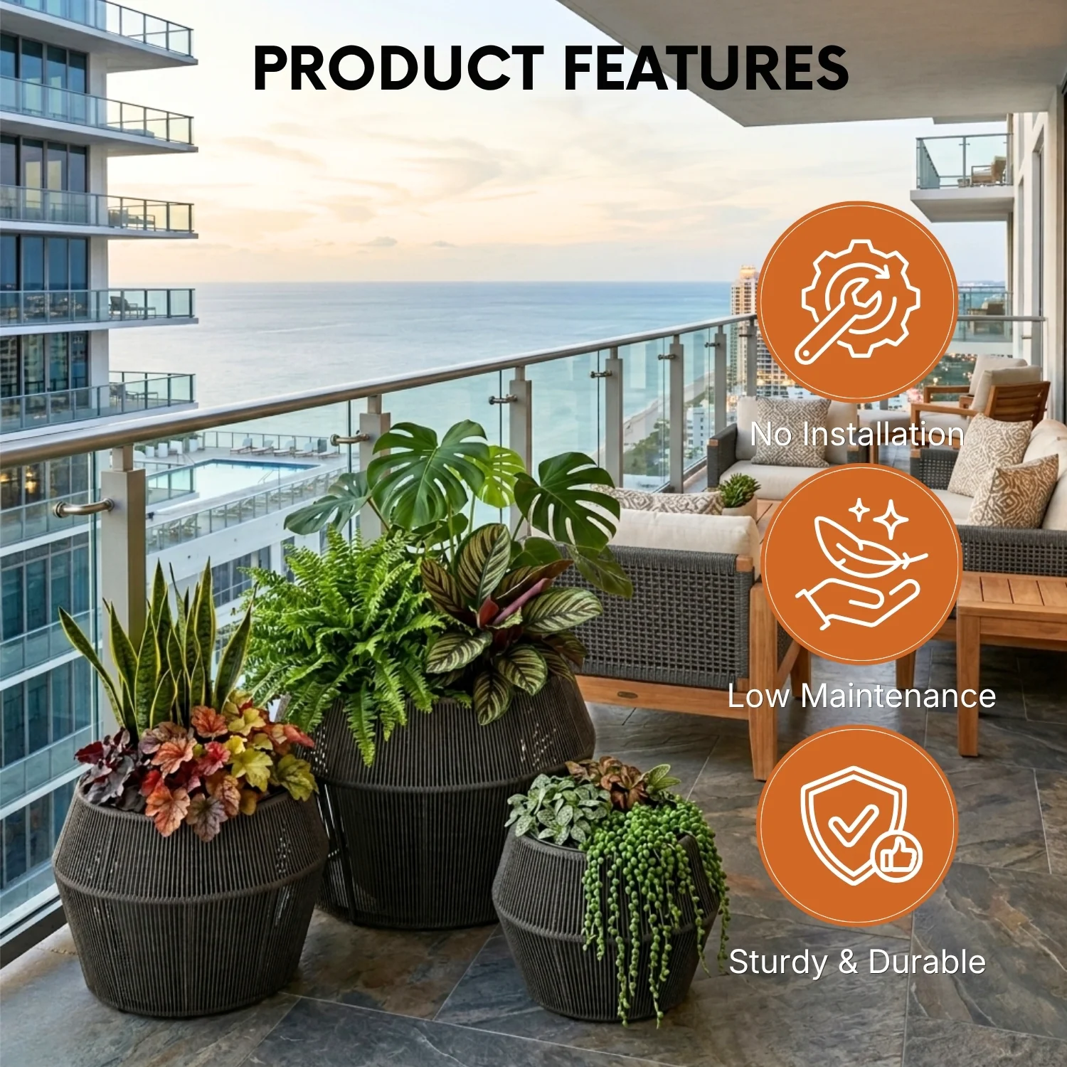Outdoor 3-Piece Round Rope Planters (Grey) - Image 4