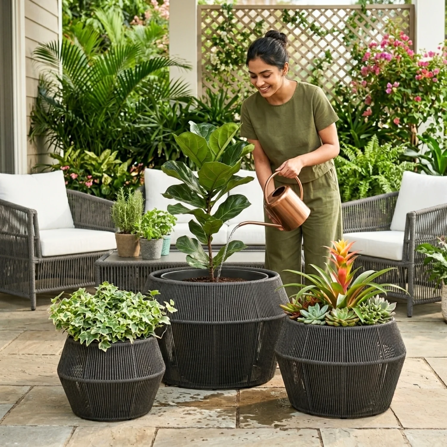 Outdoor 3-Piece Round Rope Planters (Grey) - Image 5
