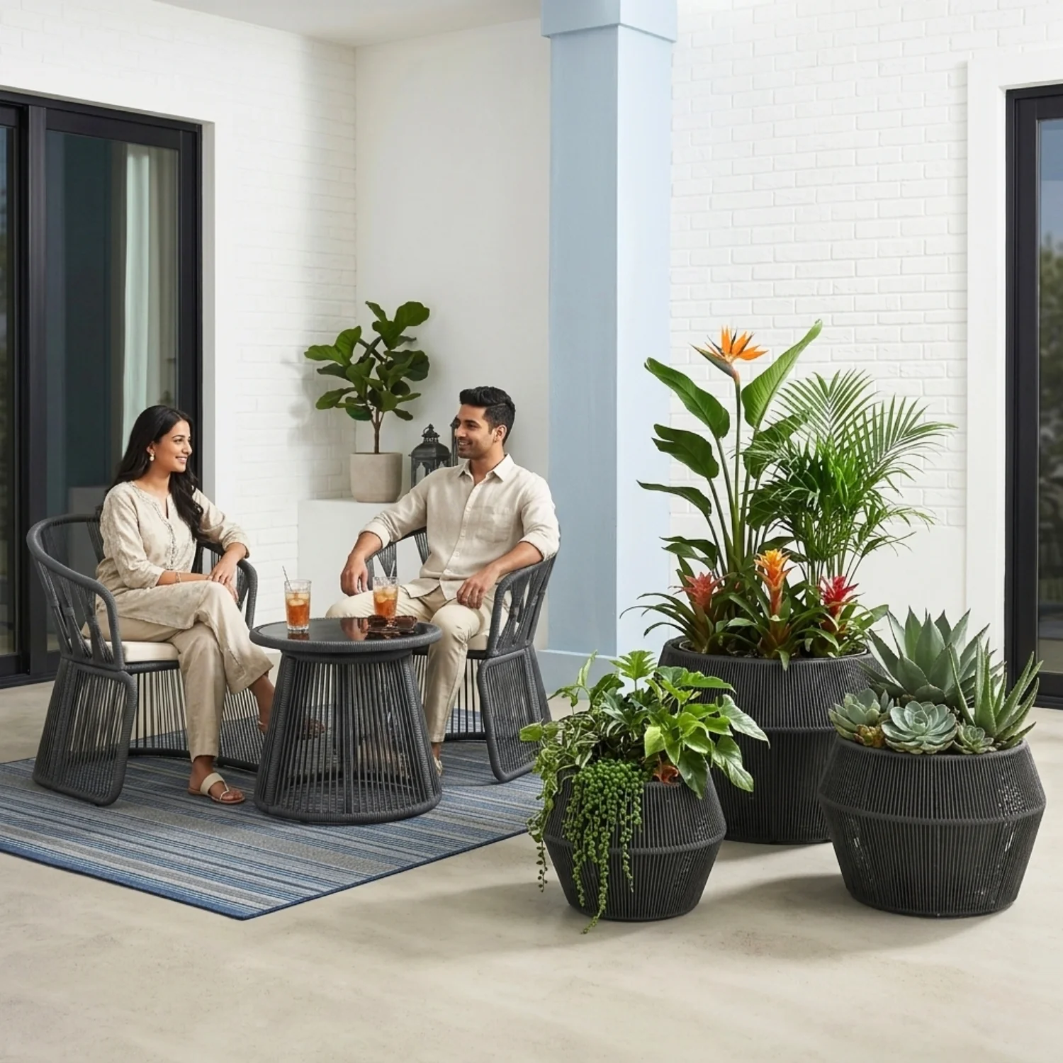 Outdoor 3-Piece Round Rope Planters (Grey) - Image 7