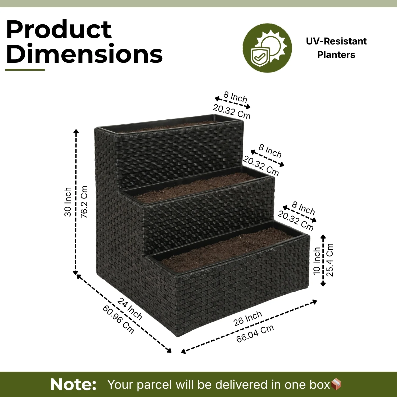 Outdoor 3-Tier Wicker Raised Planter Stand (Black) - Image 2