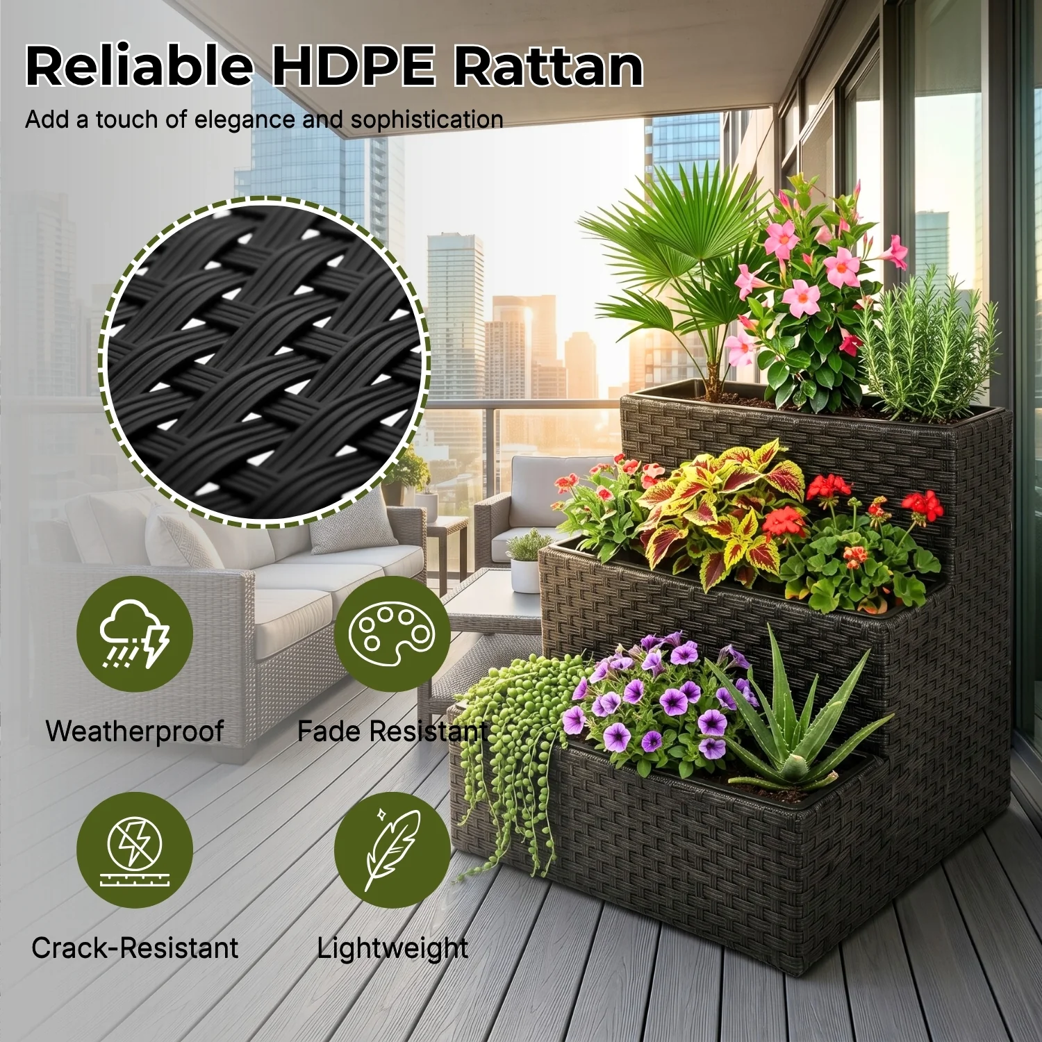 Outdoor 3-Tier Wicker Raised Planter Stand (Black) - Image 3