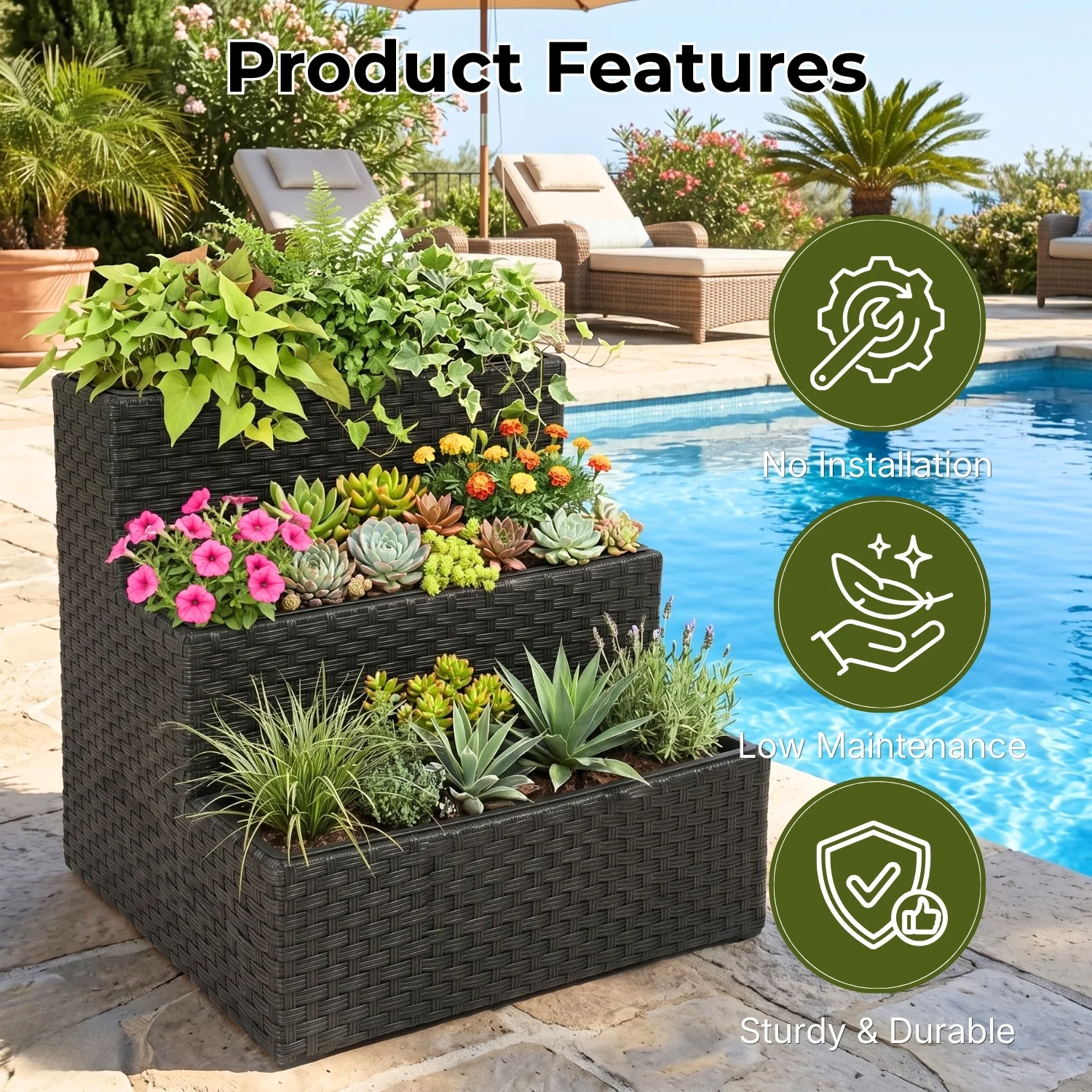 Outdoor 3-Tier Wicker Raised Planter Stand (Black) - Image 4