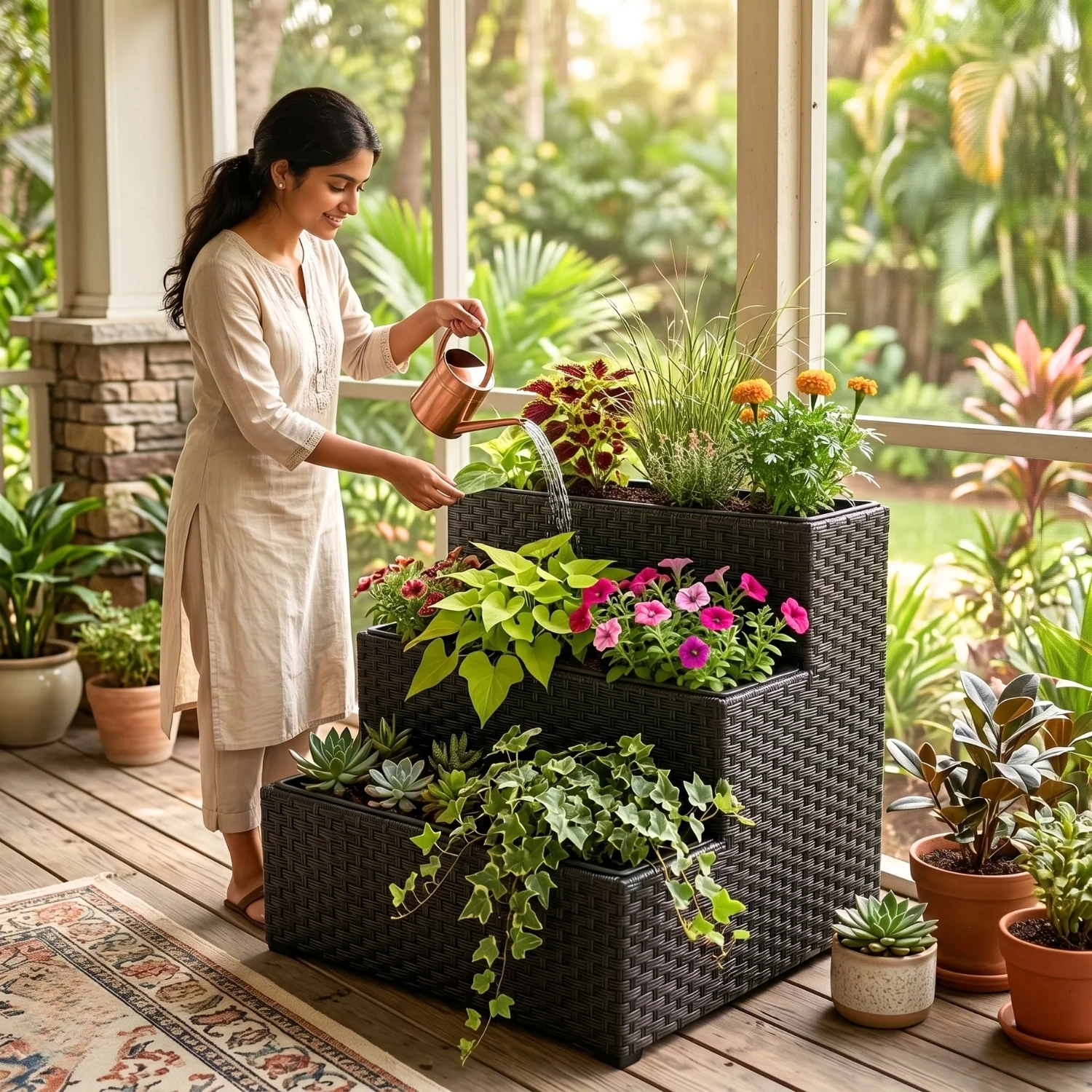 Outdoor 3-Tier Wicker Raised Planter Stand (Black) - Image 5