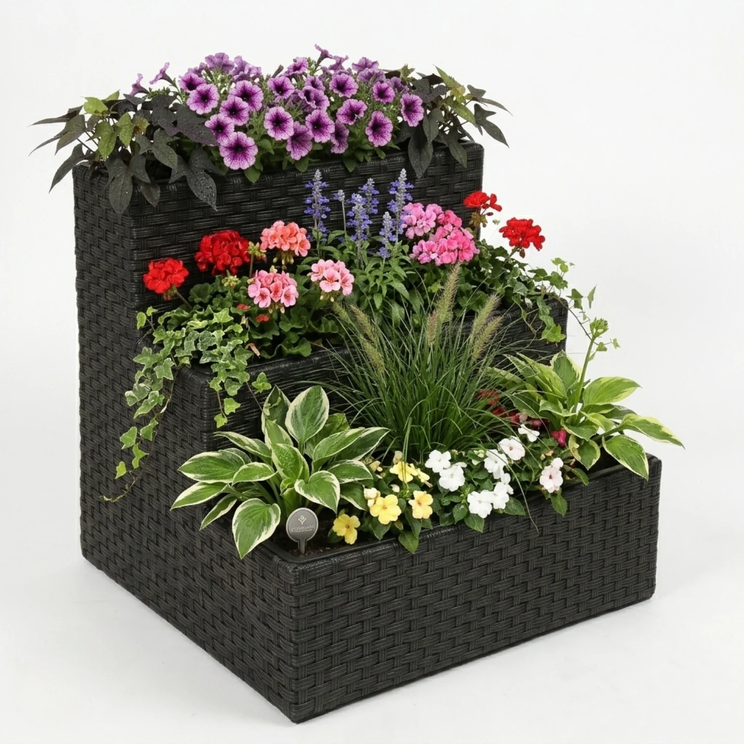 Outdoor 3-Tier Wicker Raised Planter Stand (Black) - Image 6
