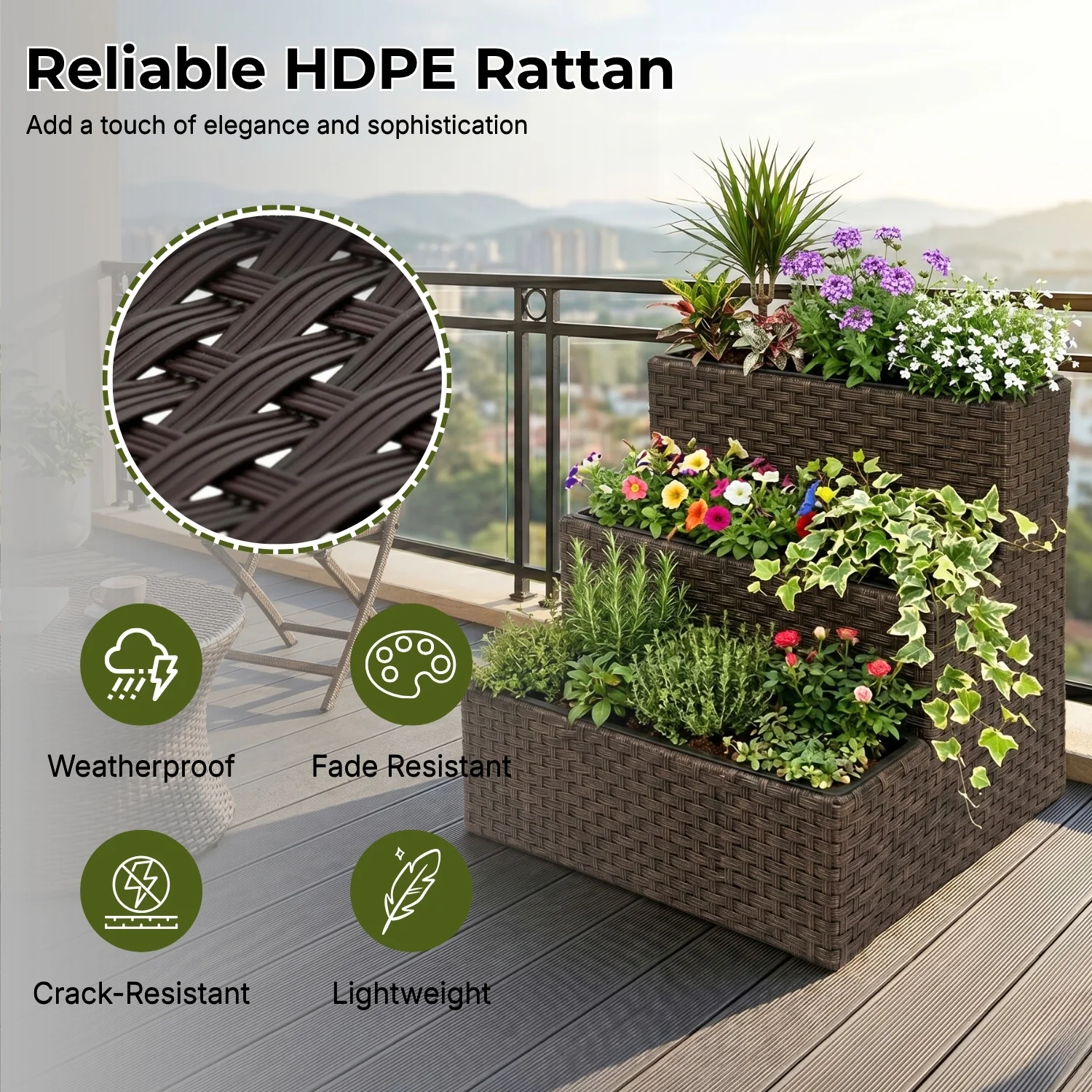 Outdoor 3-Tier Wicker Raised Planter Stand (Dark Brown) - Image 3