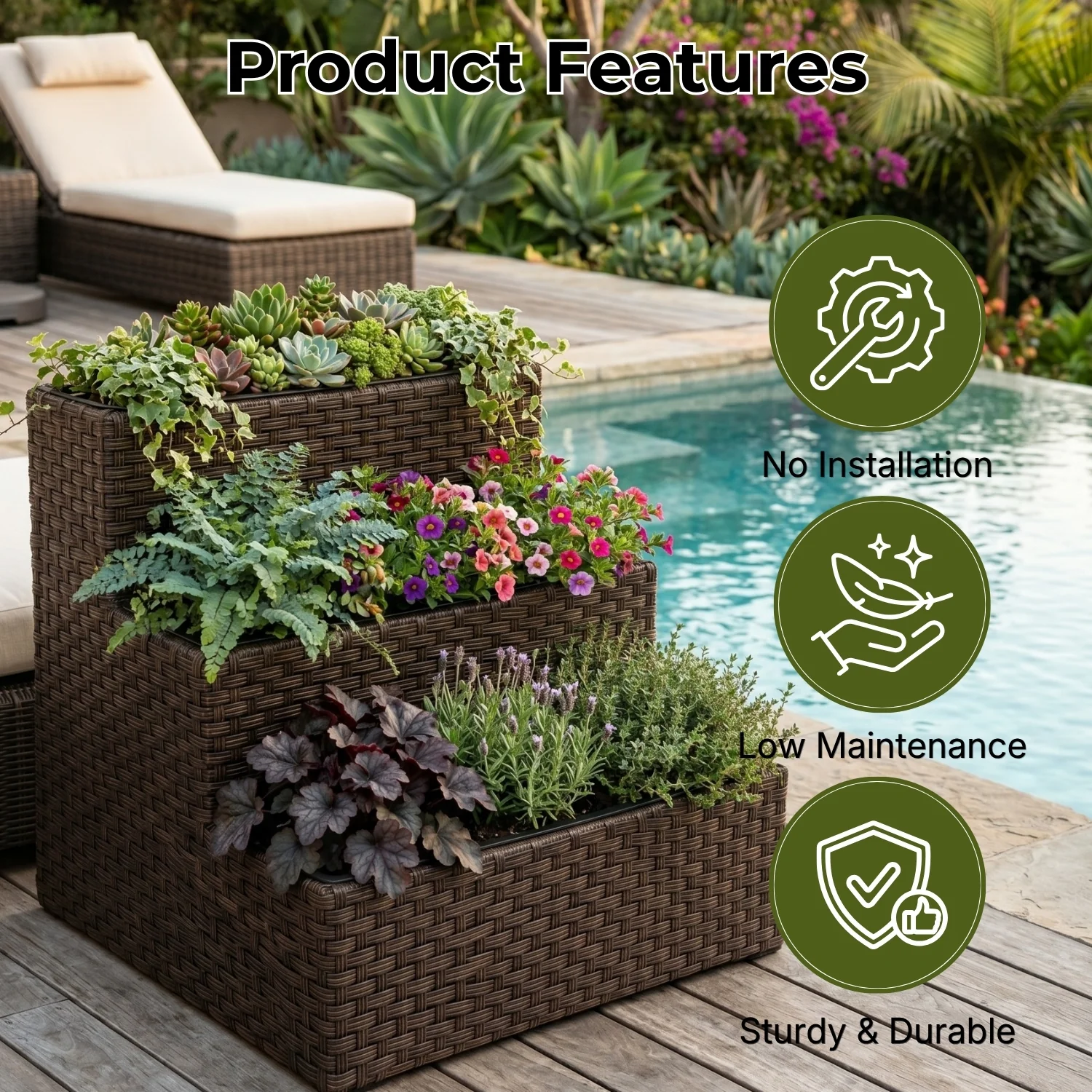 Outdoor 3-Tier Wicker Raised Planter Stand (Dark Brown) - Image 4