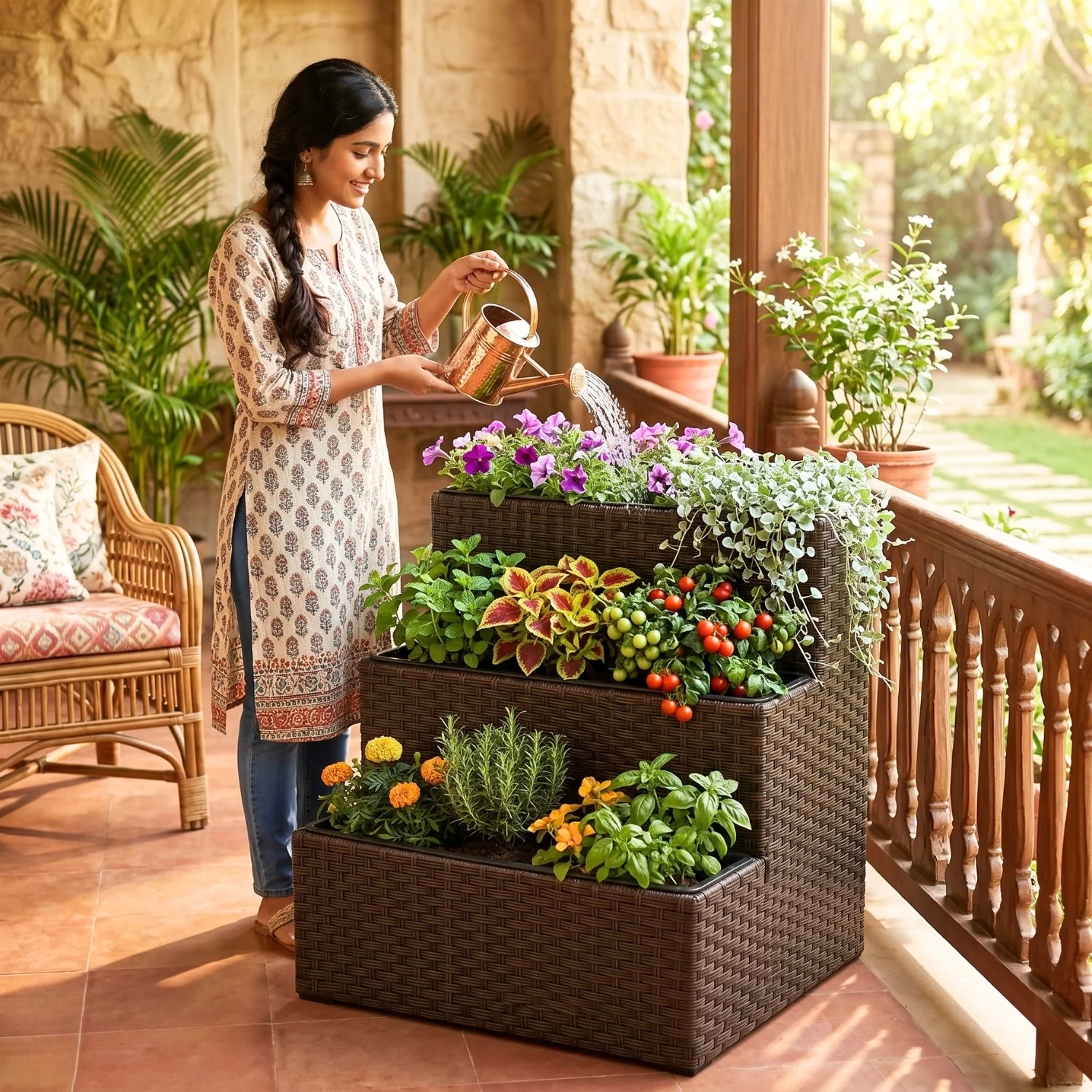 Outdoor 3-Tier Wicker Raised Planter Stand (Dark Brown) - Image 5