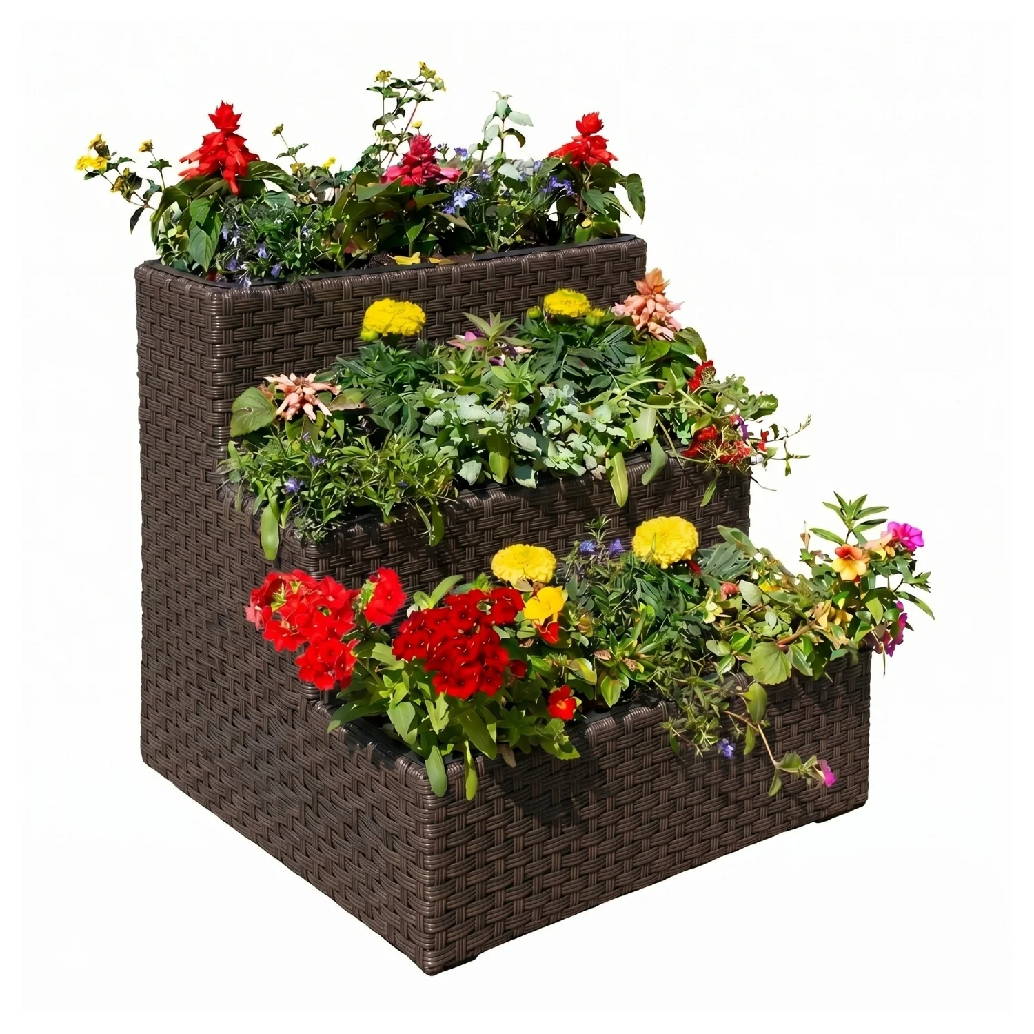Outdoor 3-Tier Wicker Raised Planter Stand (Dark Brown) - Image 6