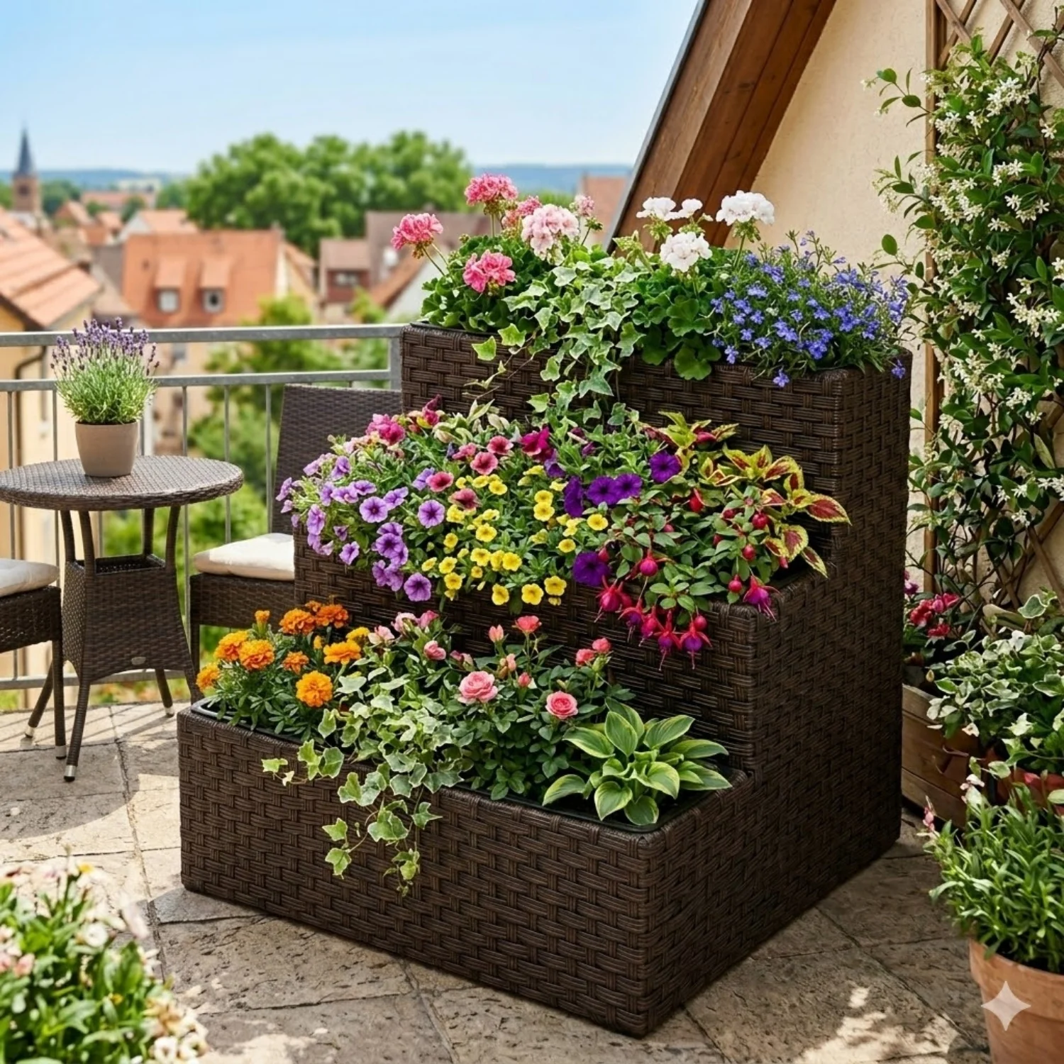 Outdoor 3-Tier Wicker Raised Planter Stand (Dark Brown) - Image 7