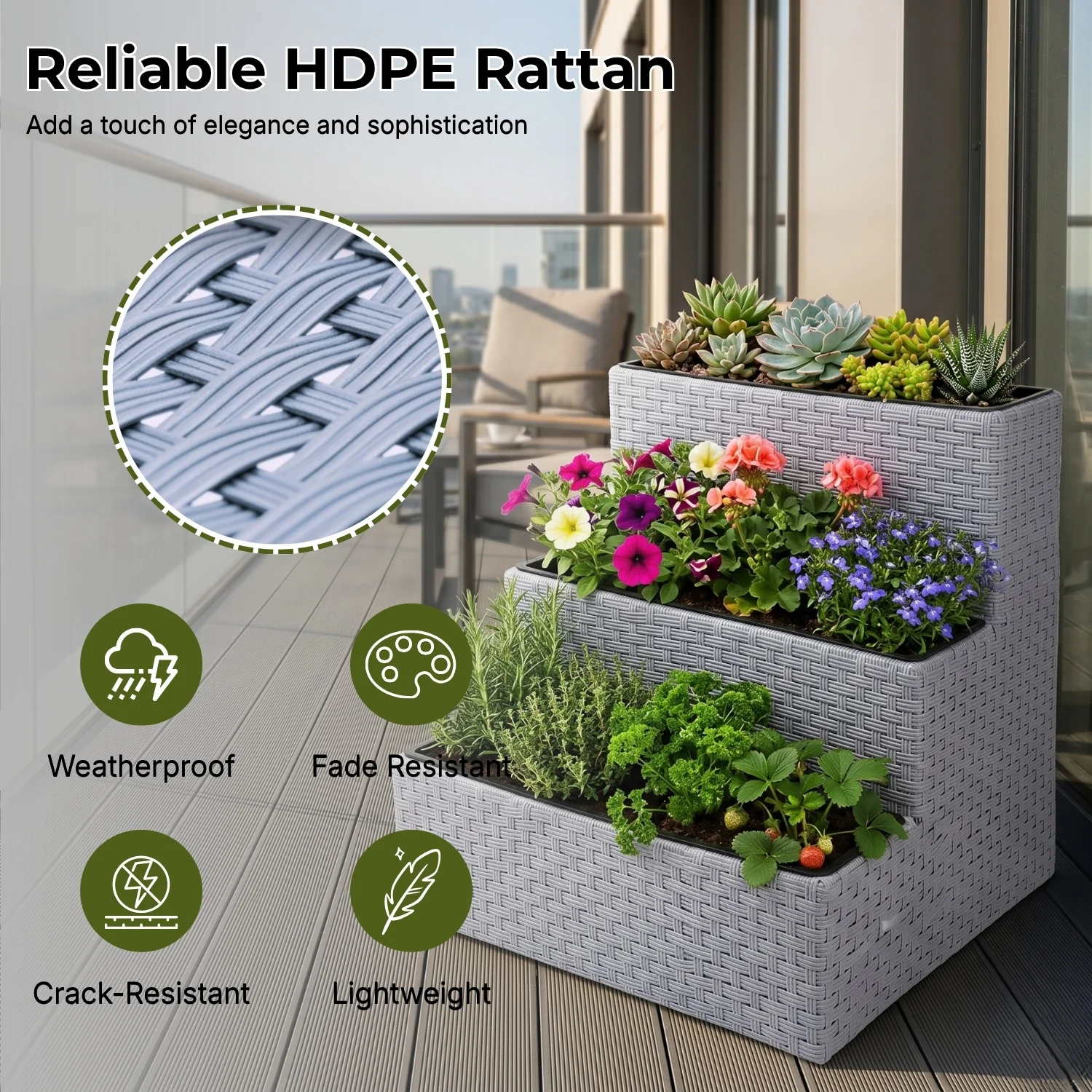 Outdoor 3-Tier Wicker Raised Planter Stand (Silver Grey) - Image 3