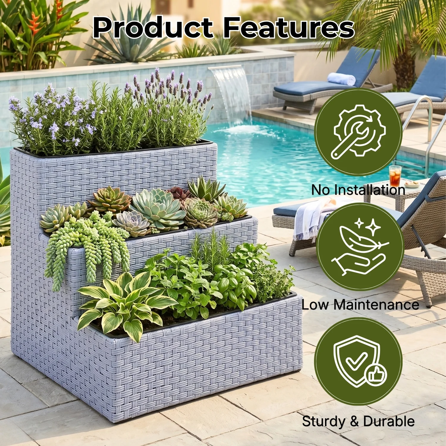 Outdoor 3-Tier Wicker Raised Planter Stand (Silver Grey) - Image 4