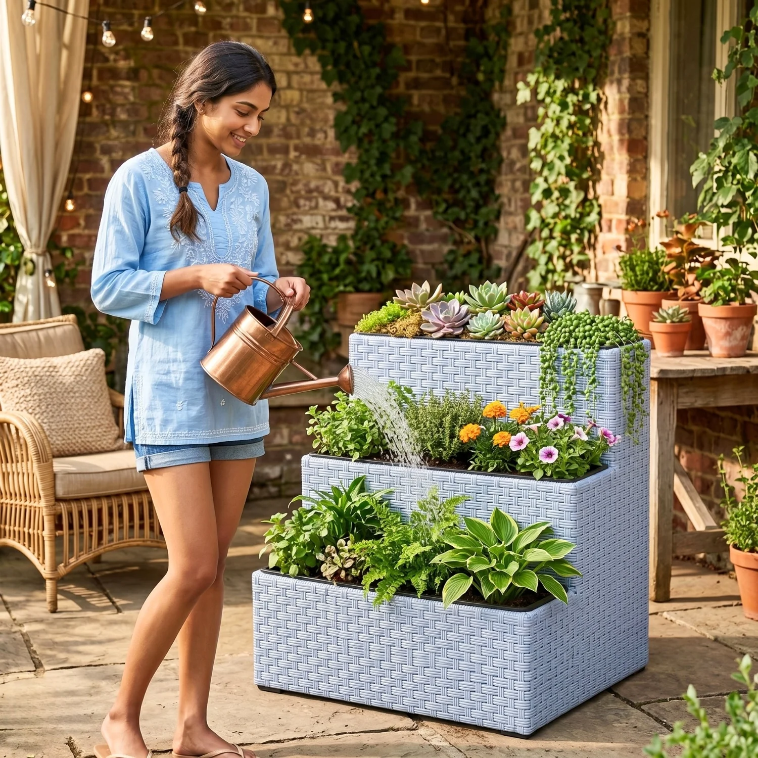 Outdoor 3-Tier Wicker Raised Planter Stand (Silver Grey) - Image 5