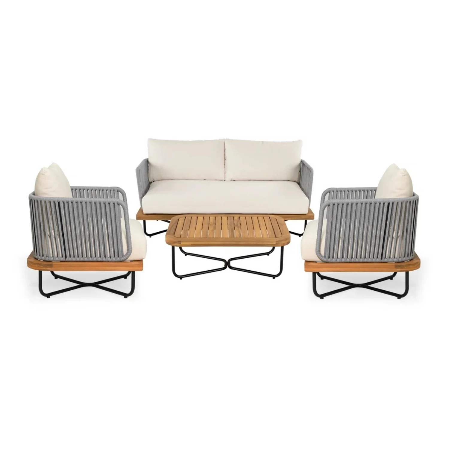 Outdoor 4-Piece Rope Woven Conversation Sofa Set with Wooden Top Table - Image 3
