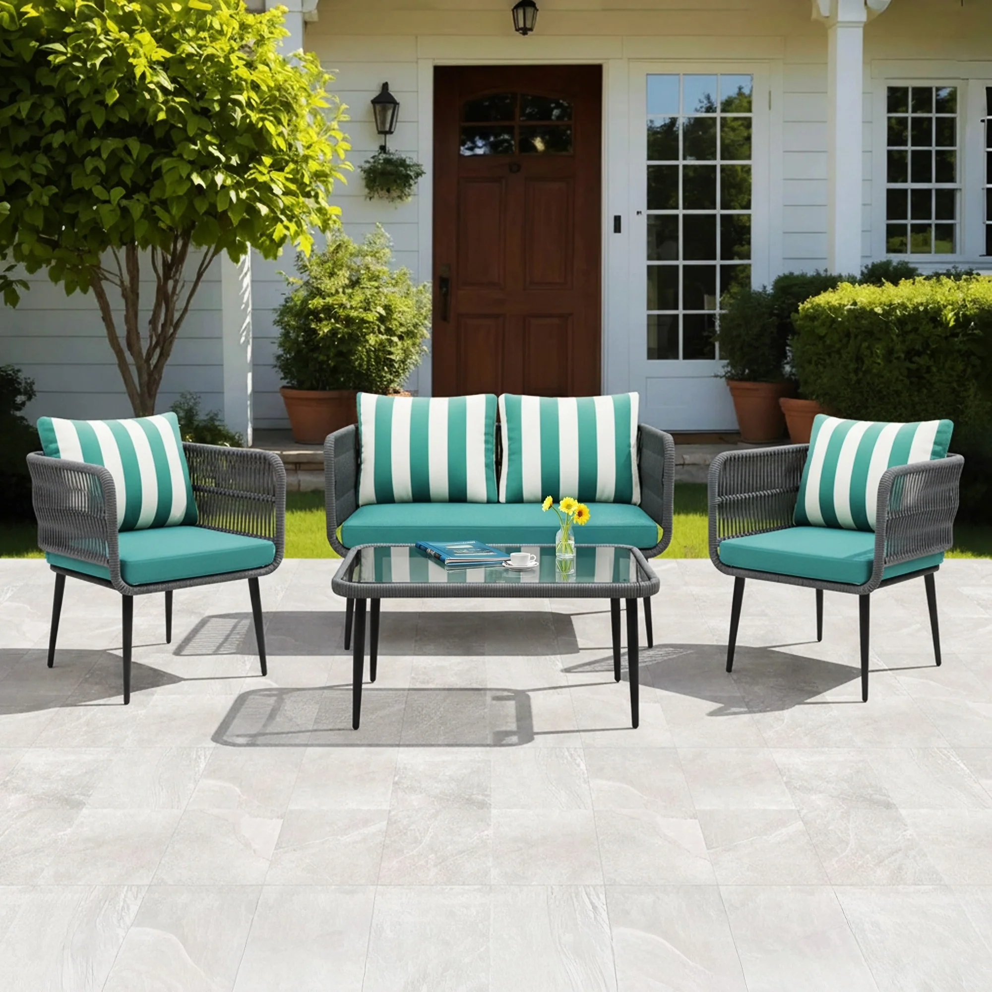 Outdoor 4-Seater Rope Conversation Set (Grey & Blue Hosta)
