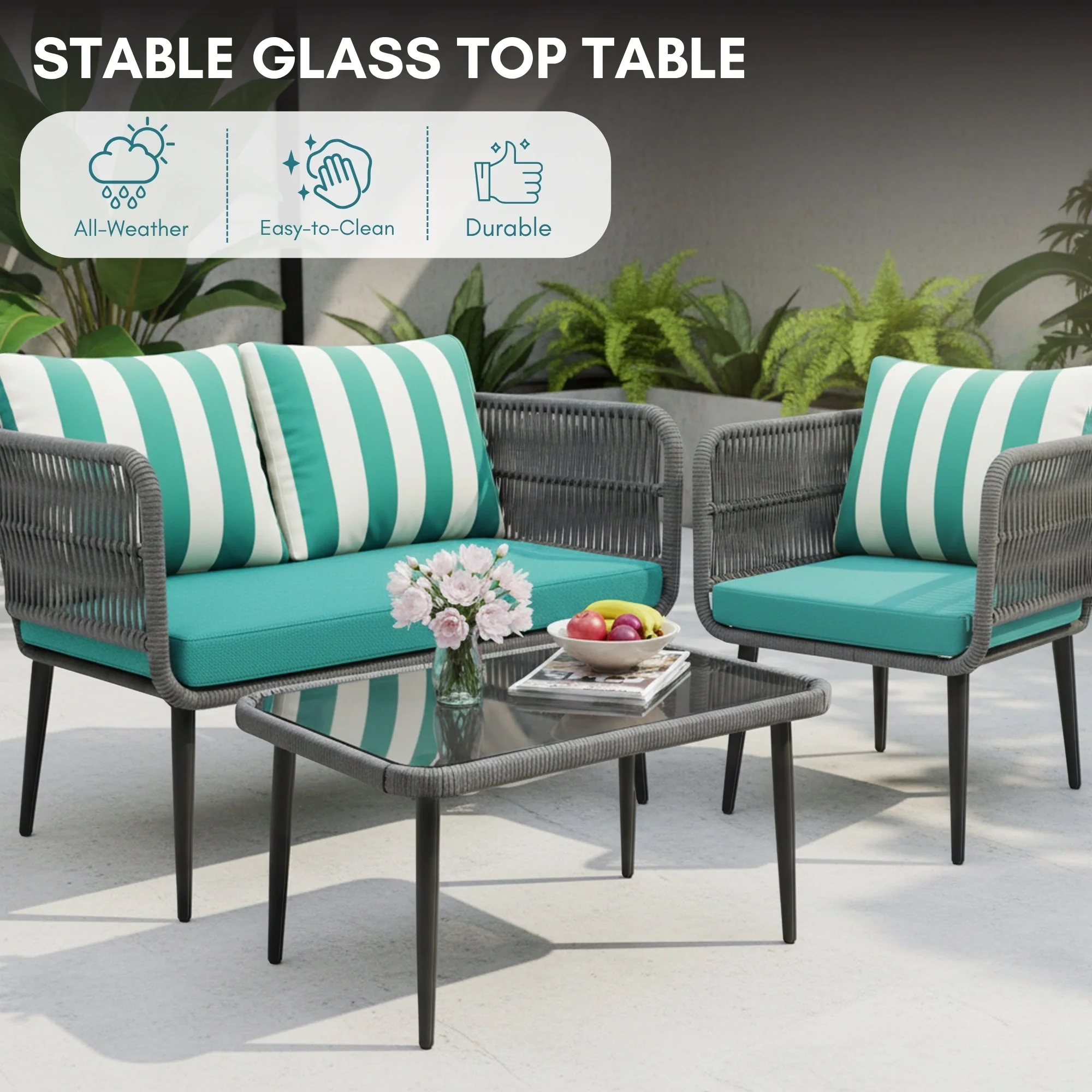 Outdoor 4-Seater Rope Conversation Set (Grey & Blue Hosta) - Image 6
