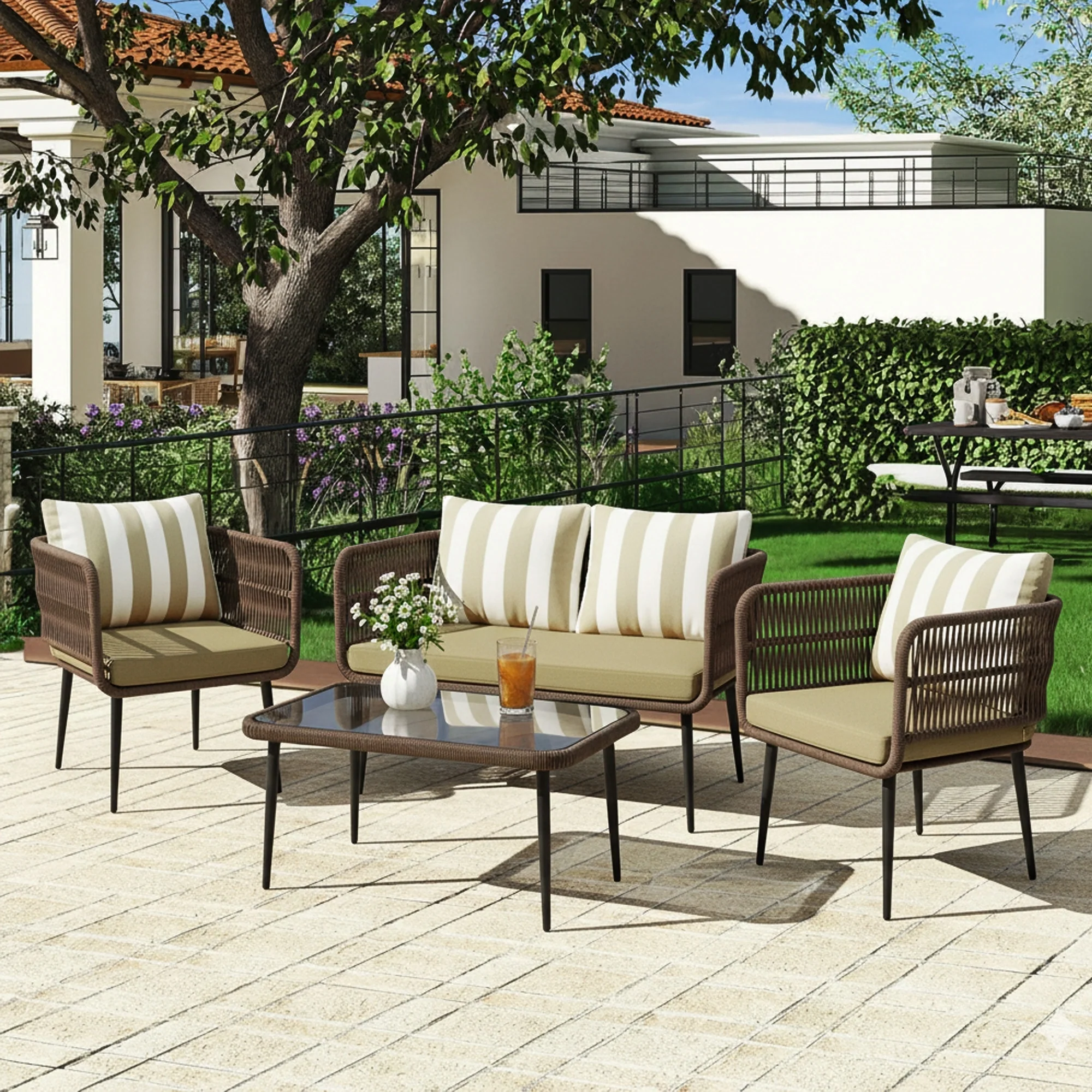 Outdoor 4-Seater Rope Conversation Set (Brown & Dark Cream)