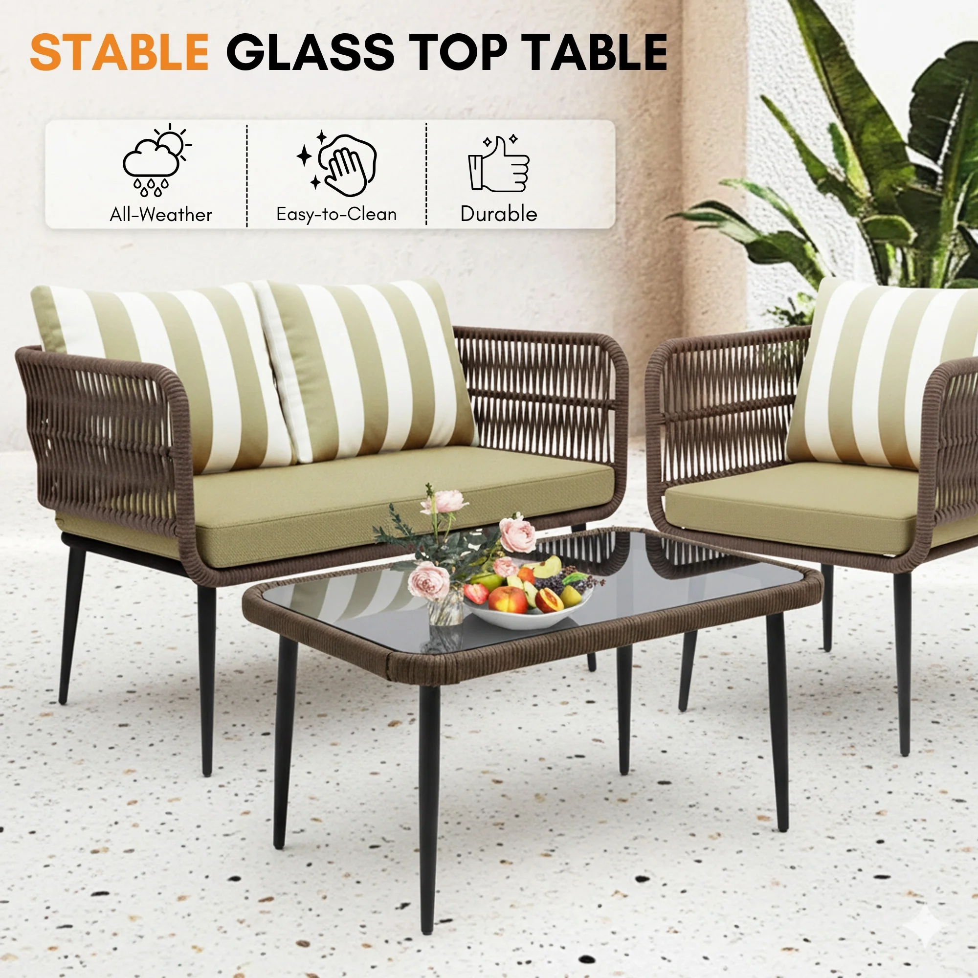 Outdoor 4-Seater Rope Conversation Set (Brown & Dark Cream) - Image 6