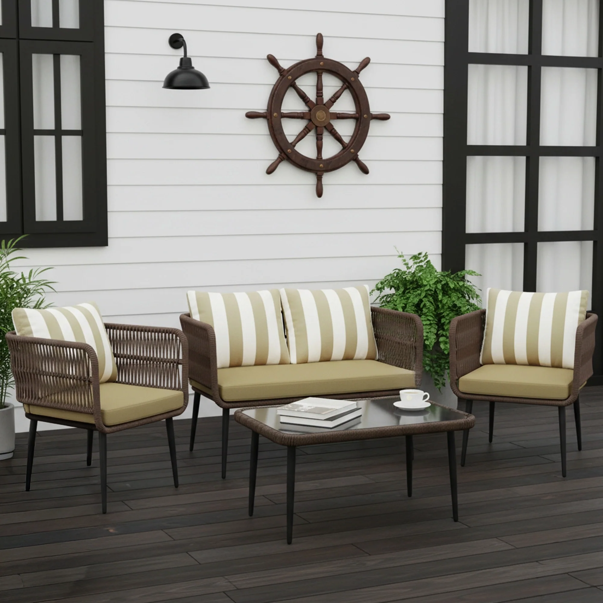 Outdoor 4-Seater Rope Conversation Set (Brown & Dark Cream) - Image 7