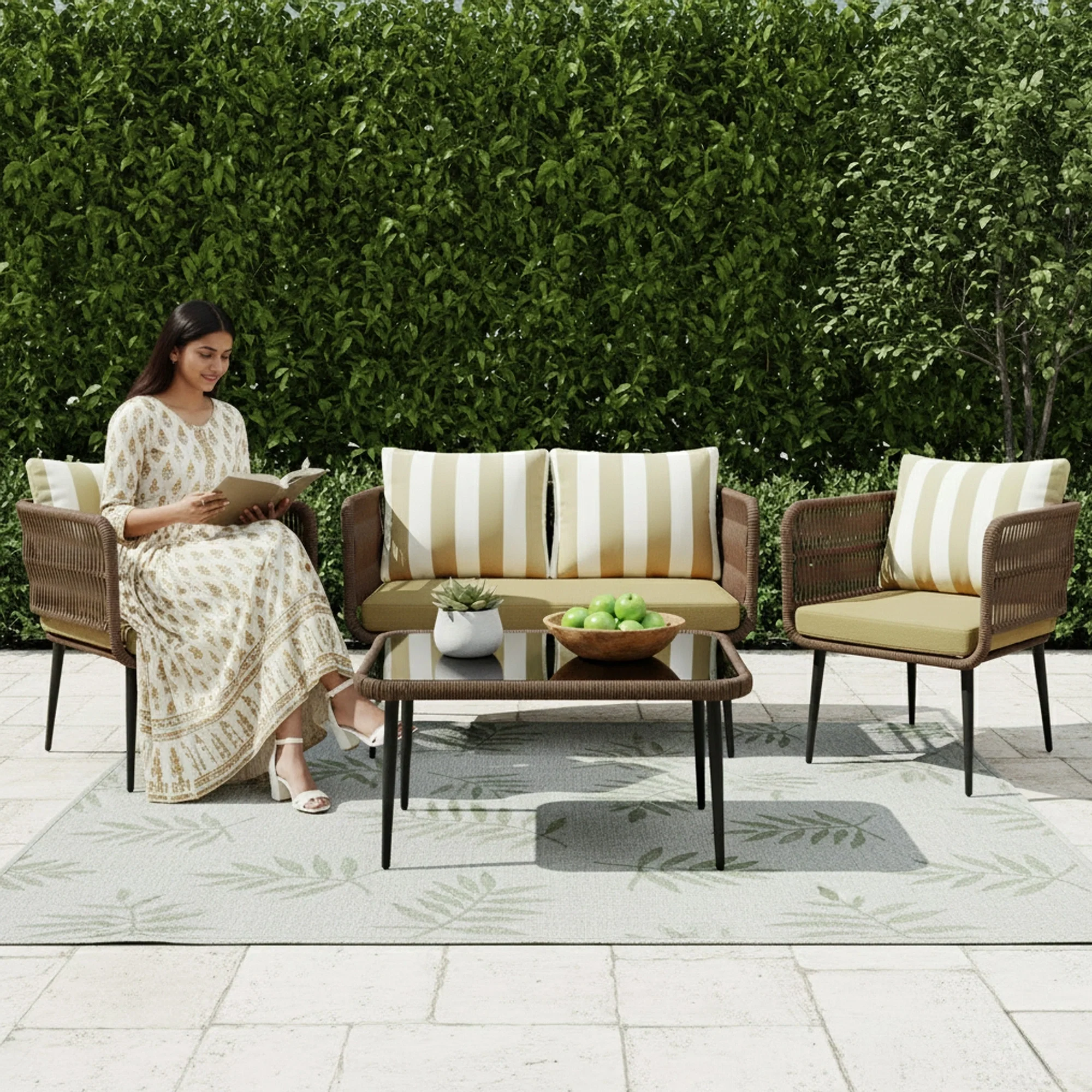 Outdoor 4-Seater Rope Conversation Set (Brown & Dark Cream) - Image 8