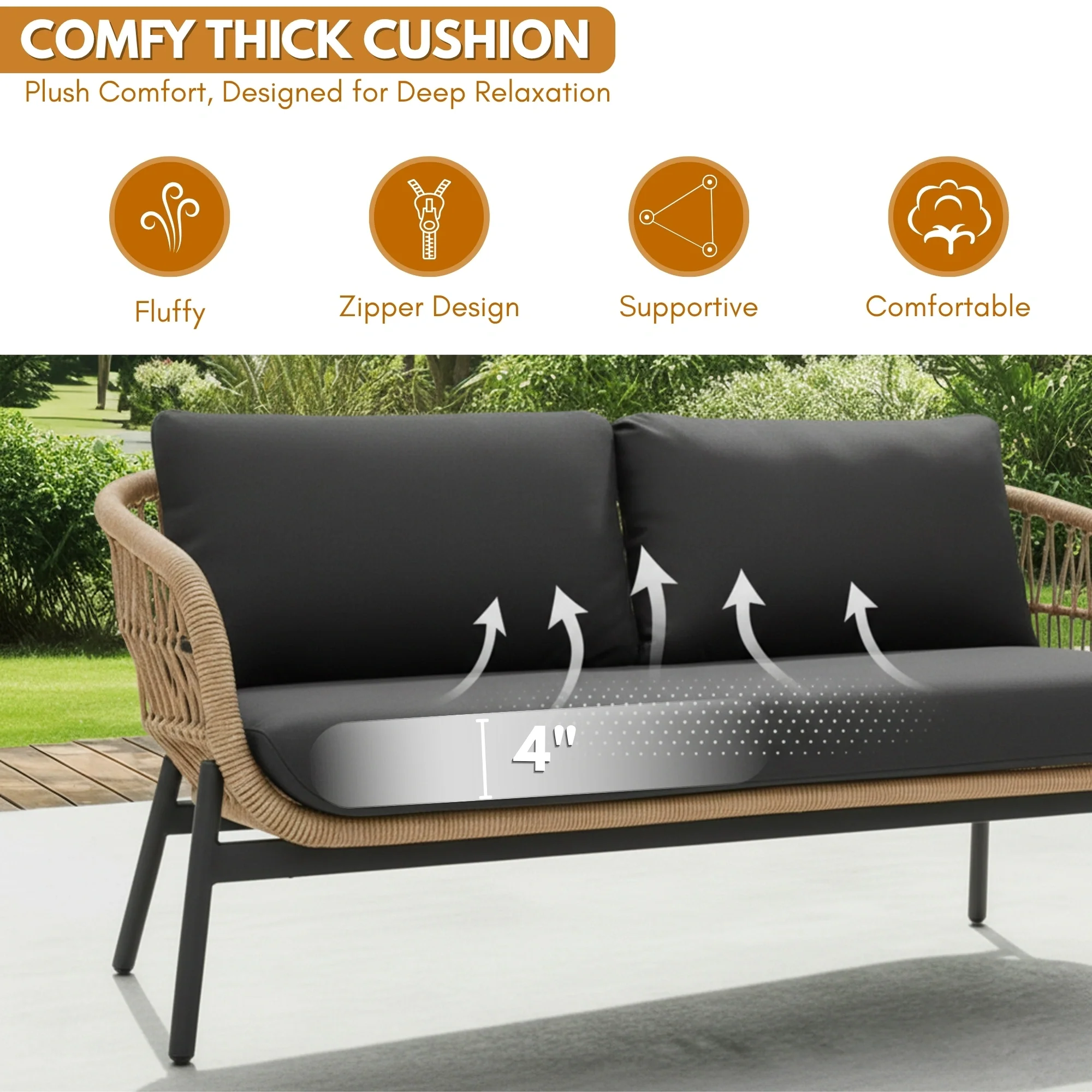 Outdoor 4 Seater Rope Conversation Sofa Set - Image 5