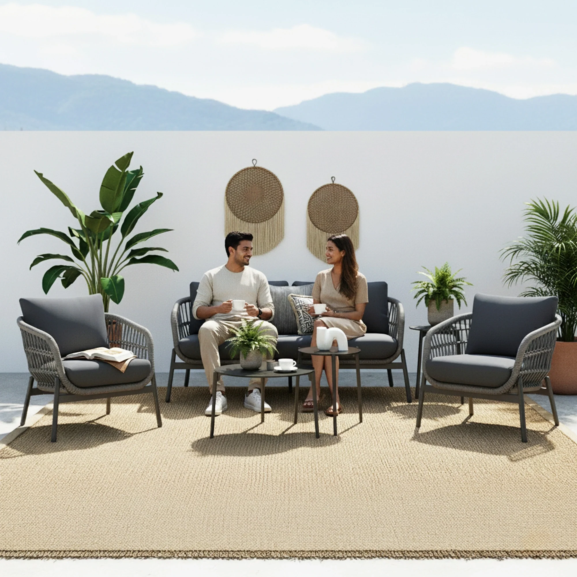 Outdoor 4 Seater Rope Conversation Sofa Set - Image 9
